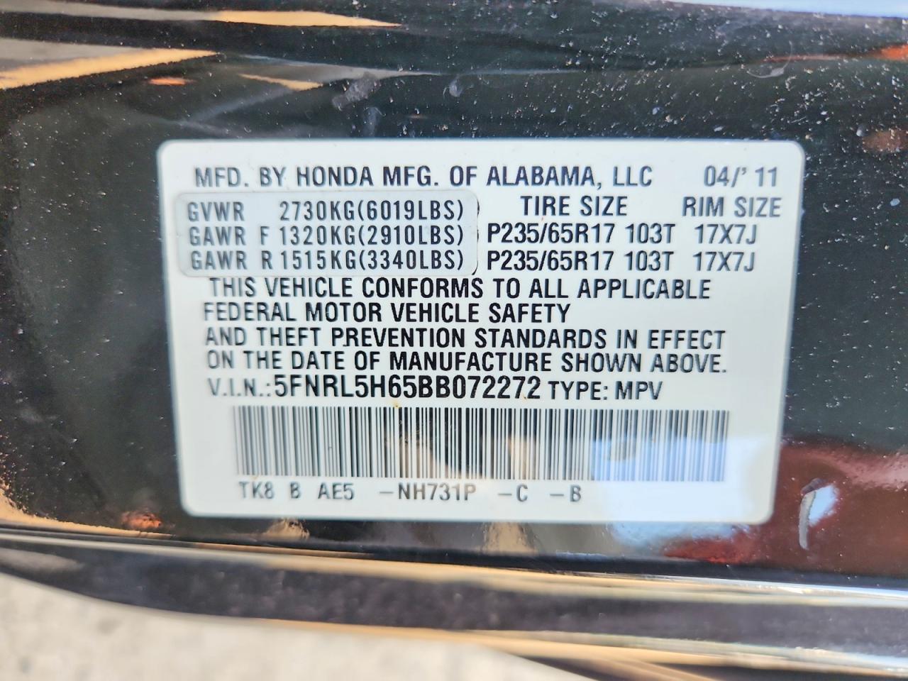 2011 Honda Odyssey Exl Black vin: 5FNRL5H65BB072272