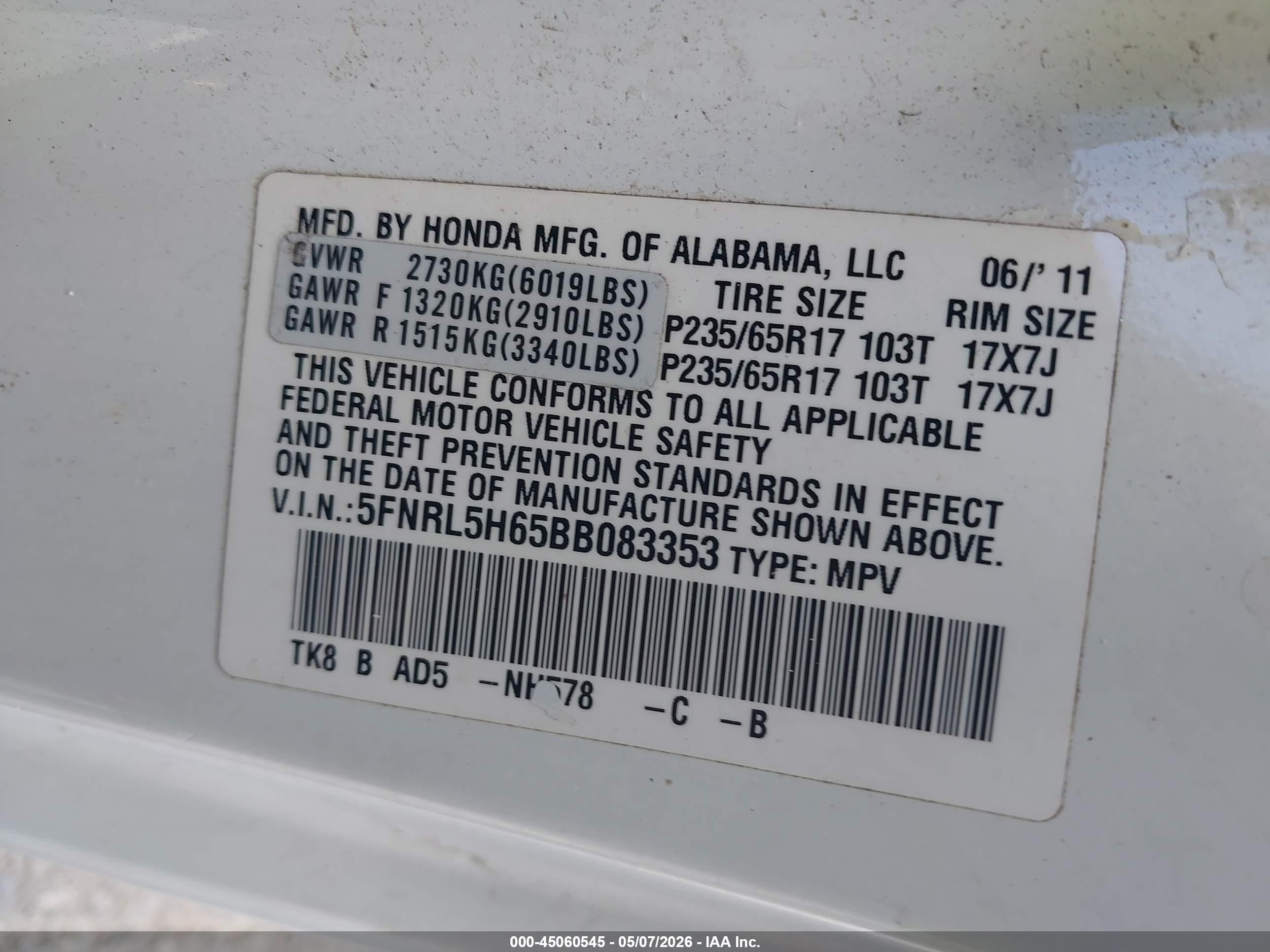 2011 Honda Odyssey Ex-l White vin: 5FNRL5H65BB083353