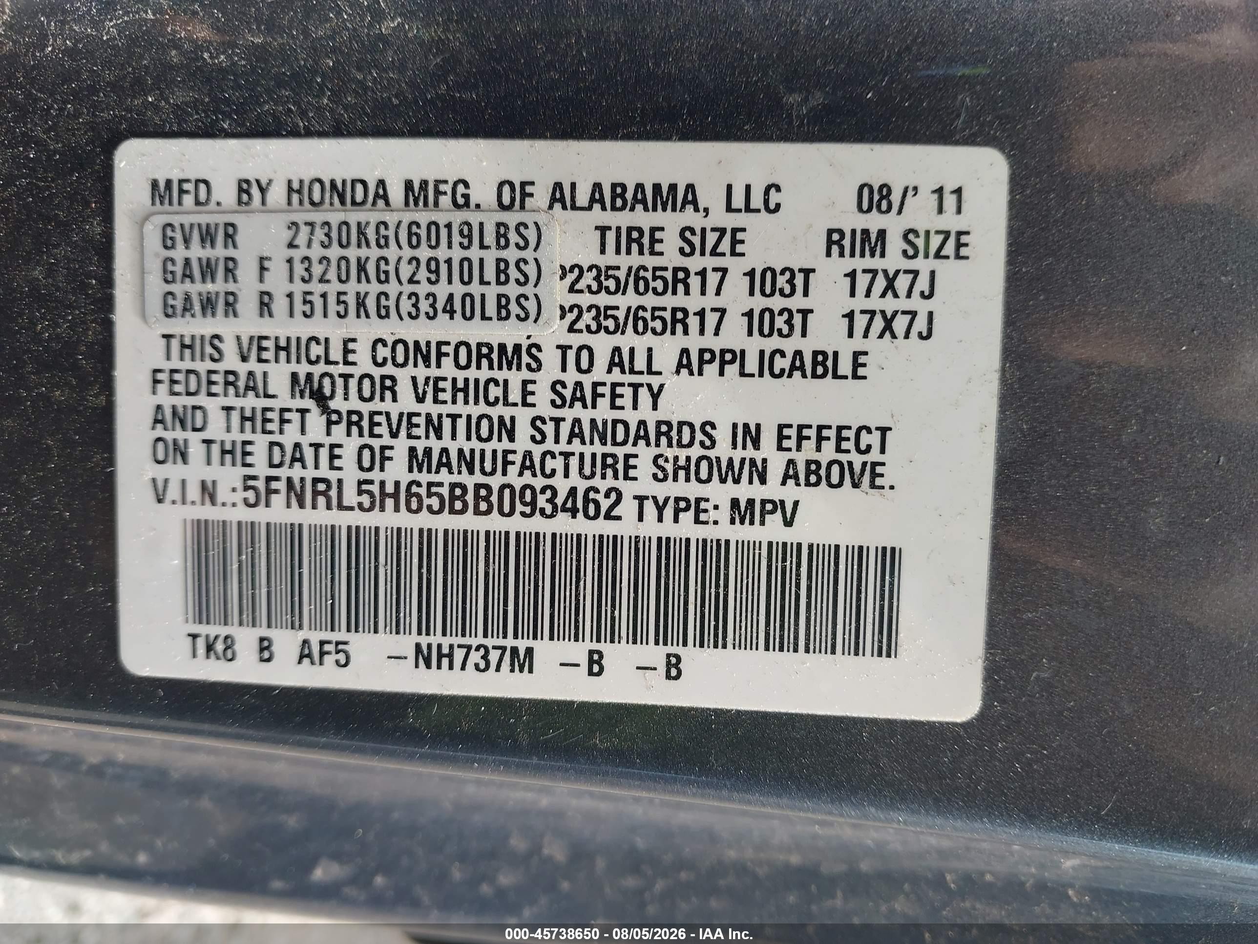 2011 Honda Odyssey Ex-l Gray vin: 5FNRL5H65BB093462