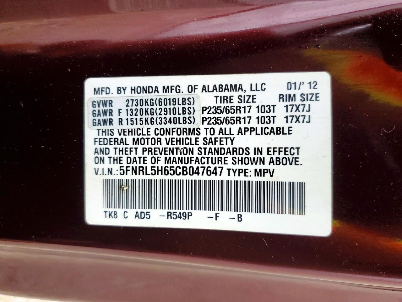 2012 Honda Odyssey Exl Burgundy vin: 5FNRL5H65CB047647