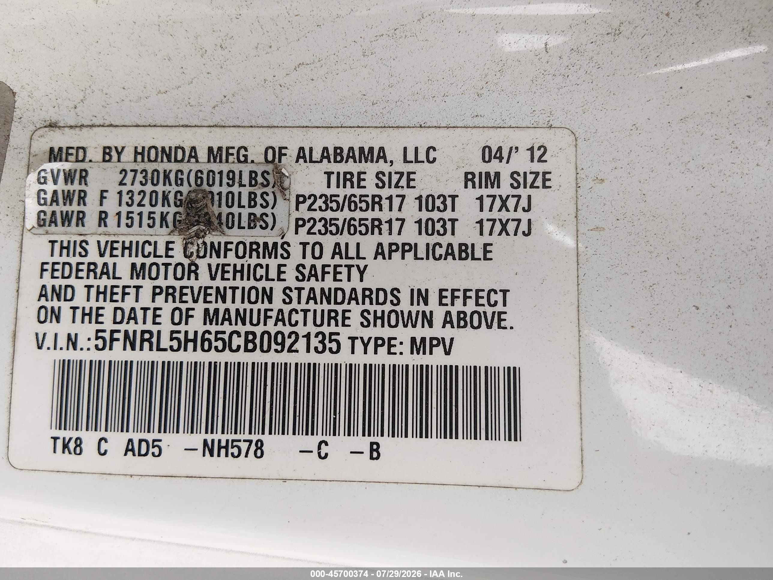 2012 Honda Odyssey Ex-l White vin: 5FNRL5H65CB092135
