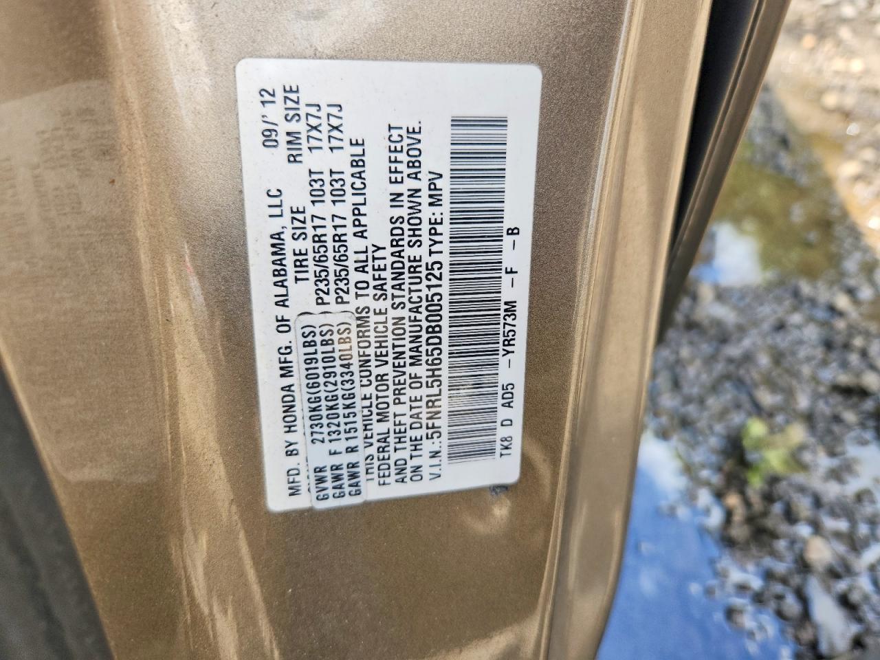 2013 Honda Odyssey Exl Gold vin: 5FNRL5H65DB005125