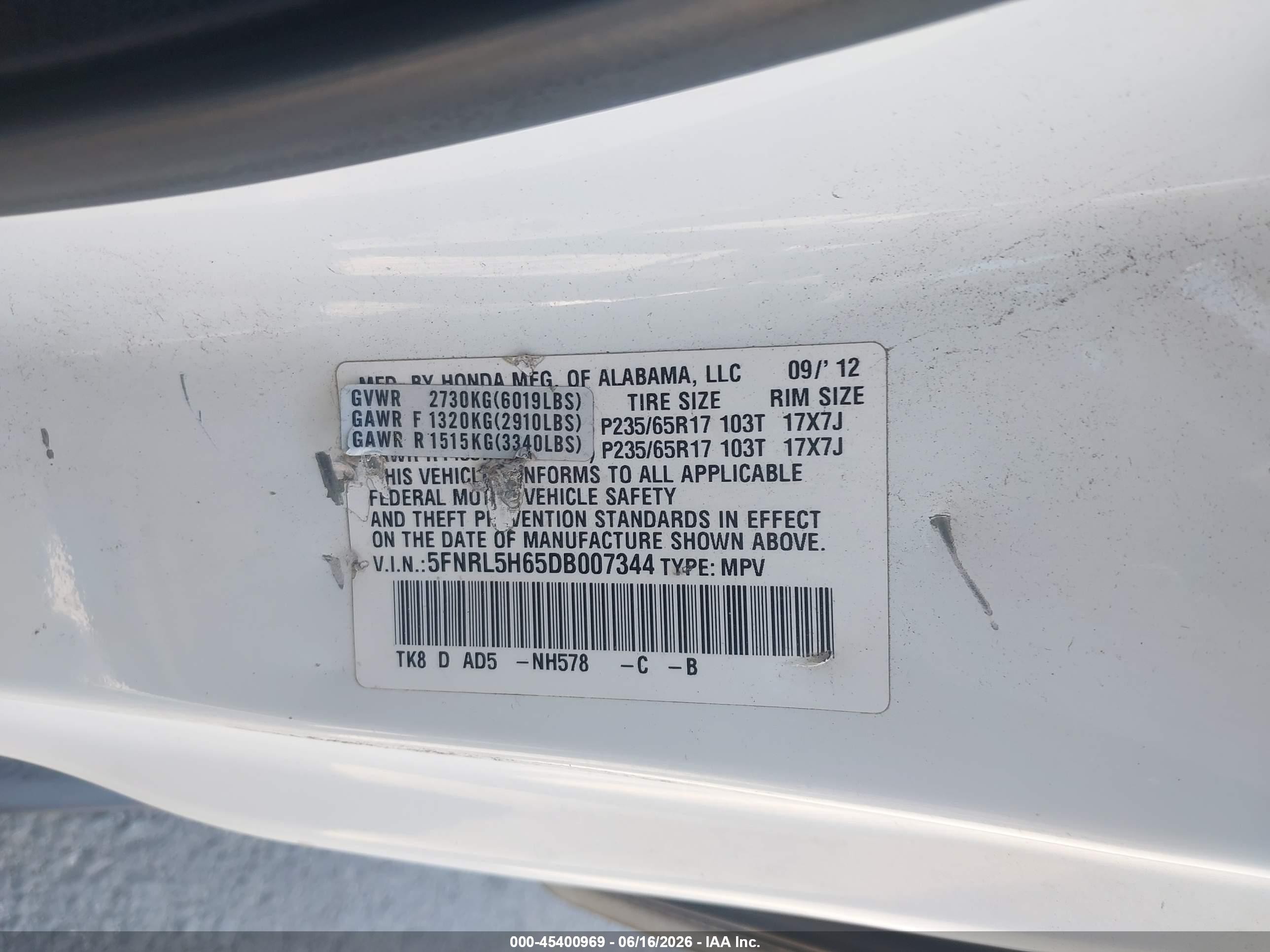 2013 Honda Odyssey Ex-l White vin: 5FNRL5H65DB007344