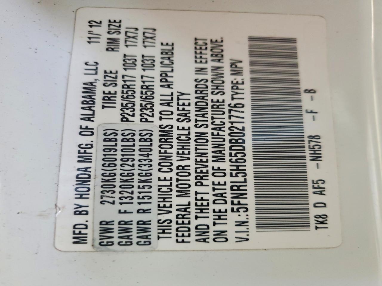 2013 Honda Odyssey Exl White vin: 5FNRL5H65DB021776