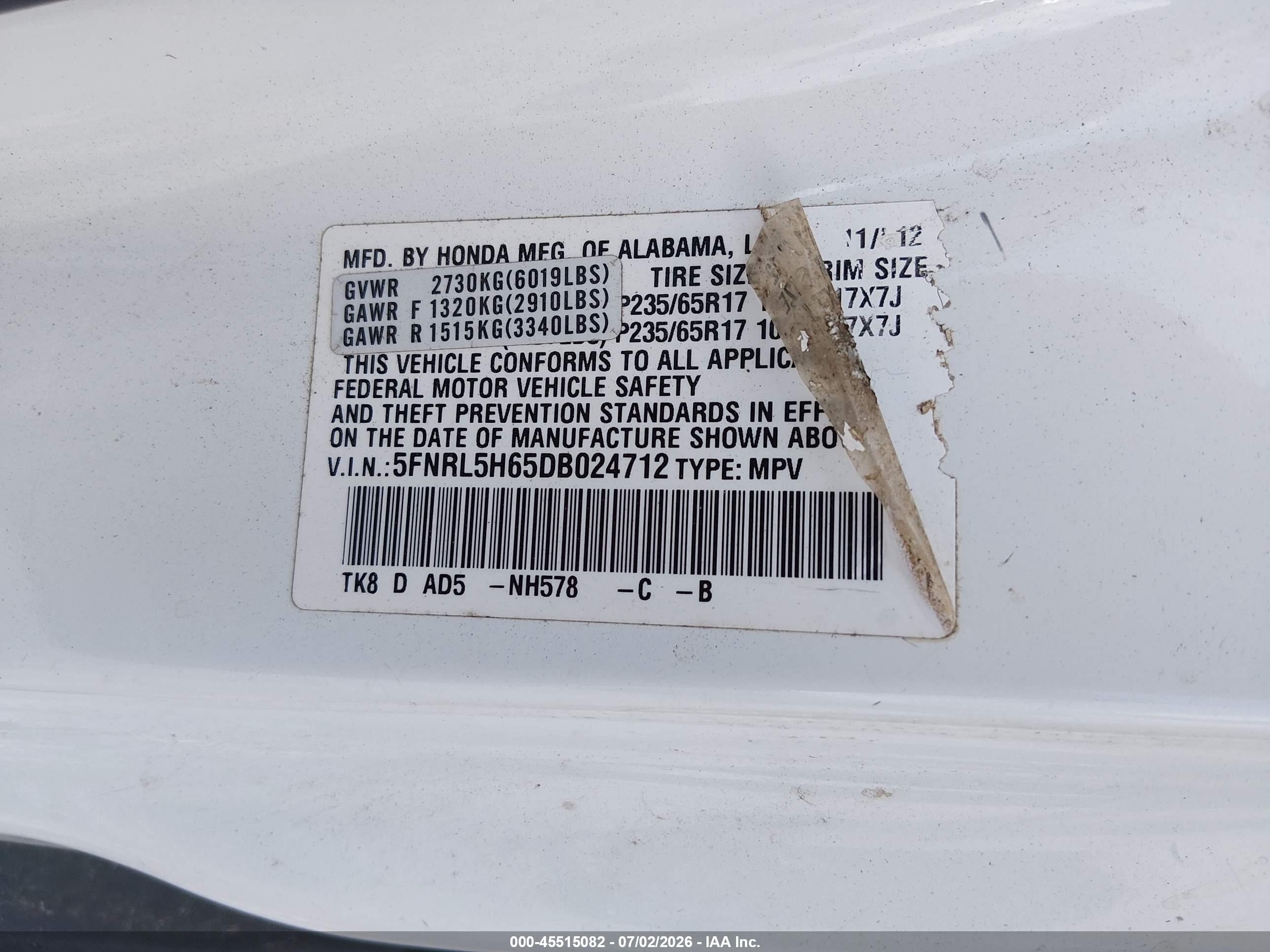 2013 Honda Odyssey Ex-l White vin: 5FNRL5H65DB024712