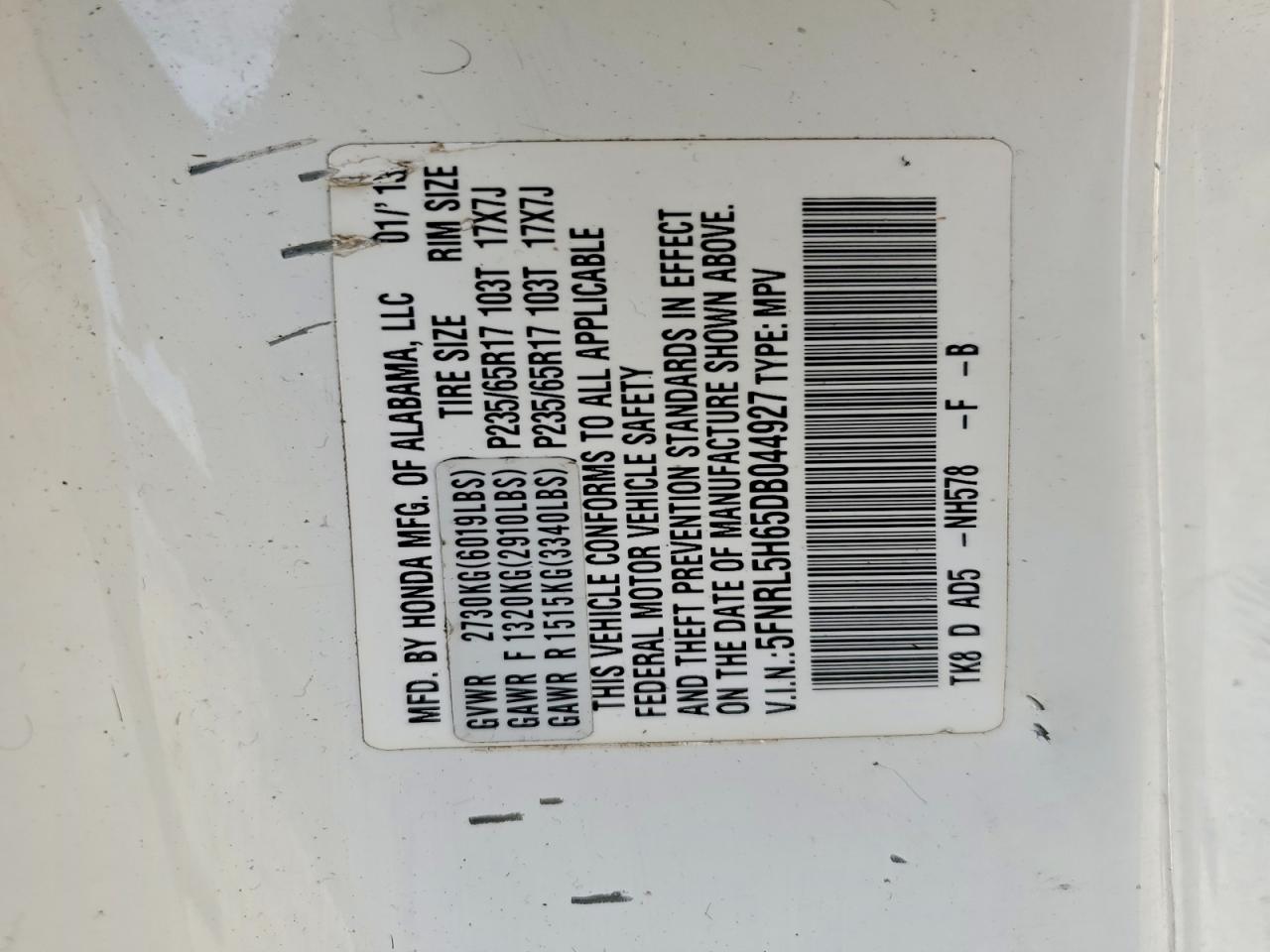 2013 Honda Odyssey Exl White vin: 5FNRL5H65DB044927