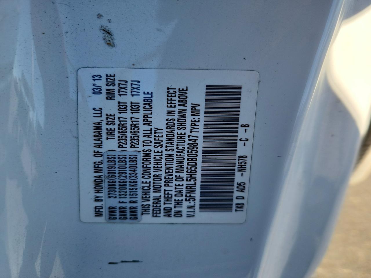 2013 Honda Odyssey Exl White vin: 5FNRL5H65DB059847
