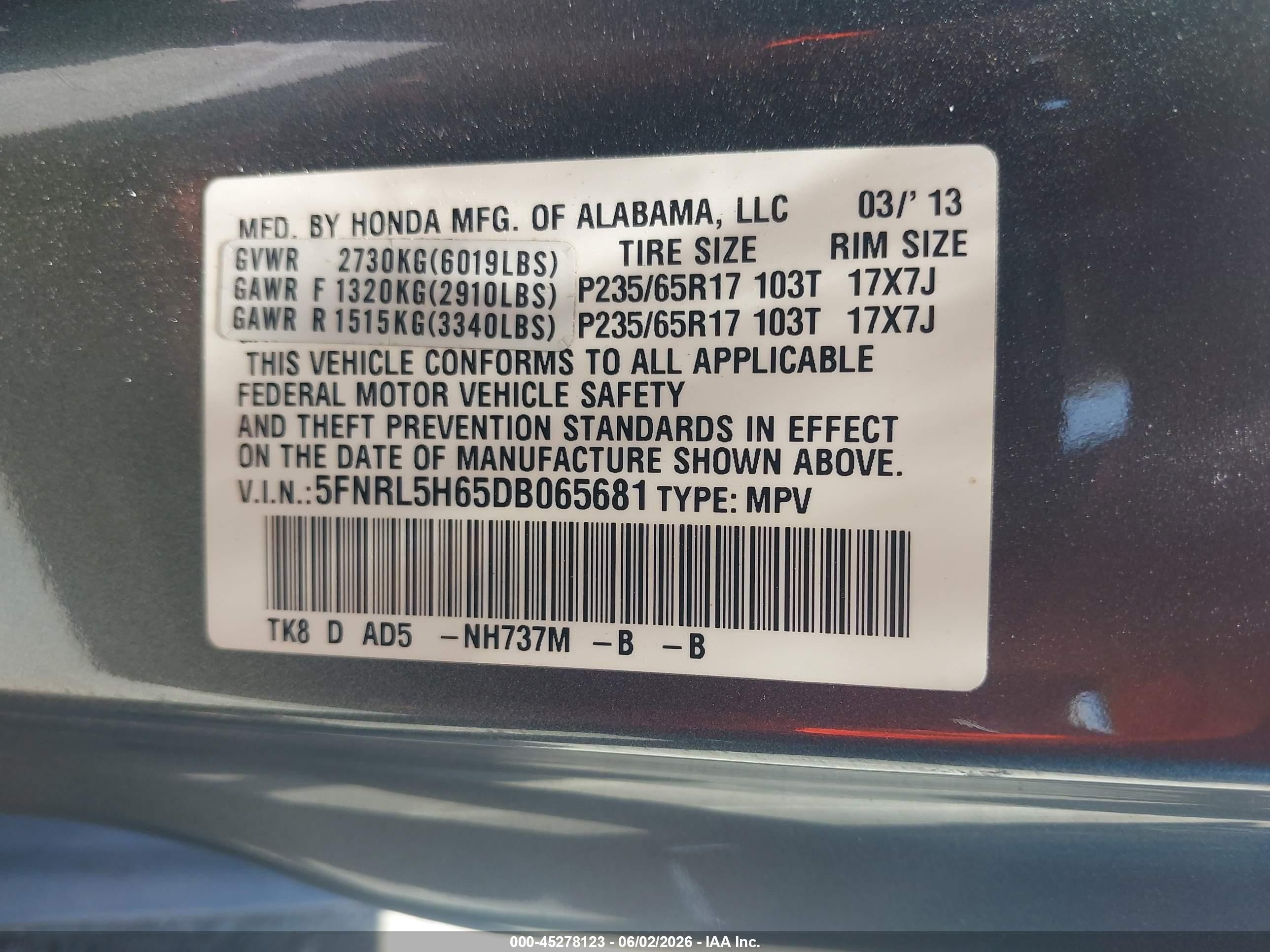 2013 Honda Odyssey Ex-l Gray vin: 5FNRL5H65DB065681