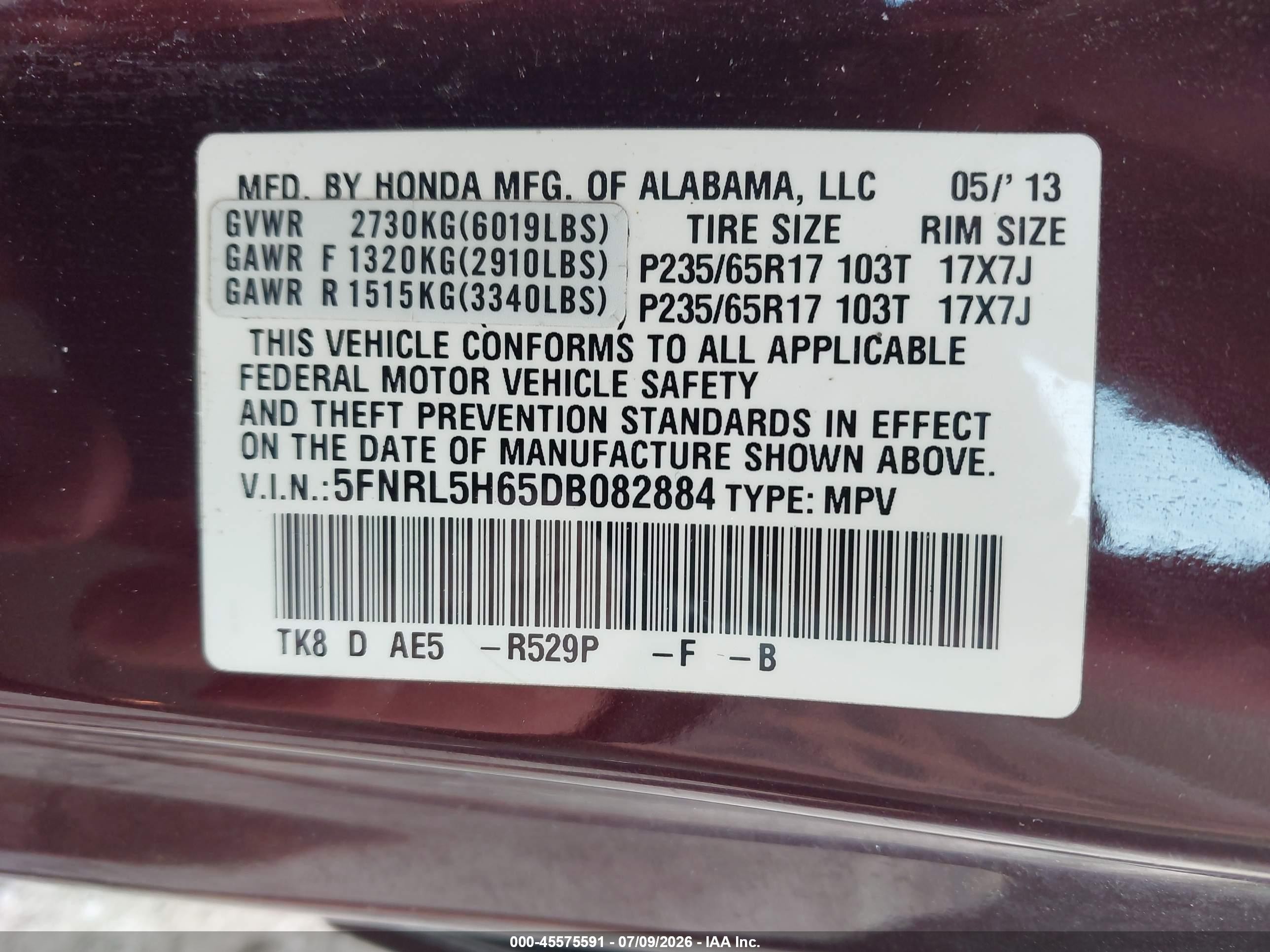 2013 Honda Odyssey Ex-l Burgundy vin: 5FNRL5H65DB082884