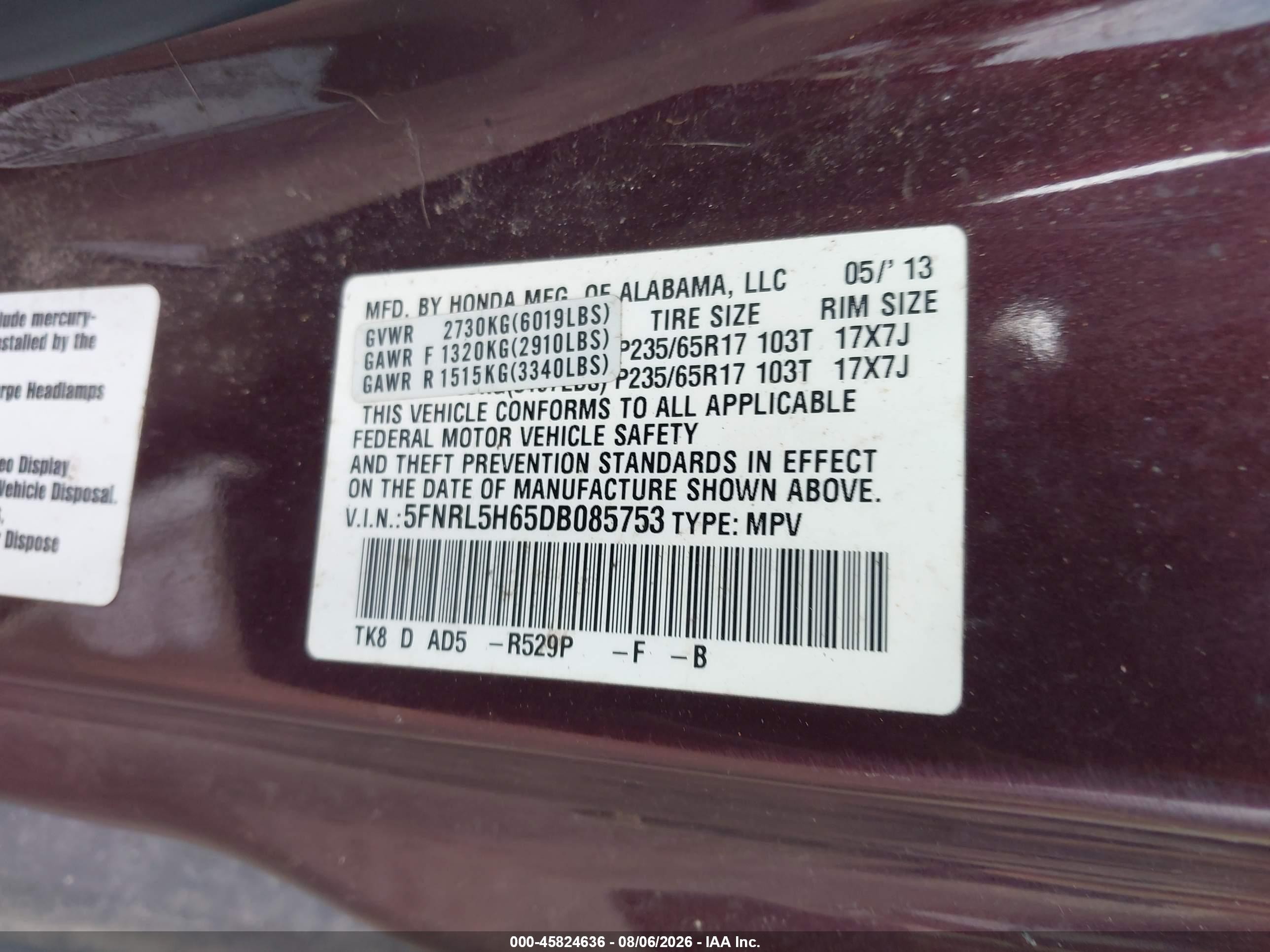 2013 Honda Odyssey Ex-l Maroon vin: 5FNRL5H65DB085753