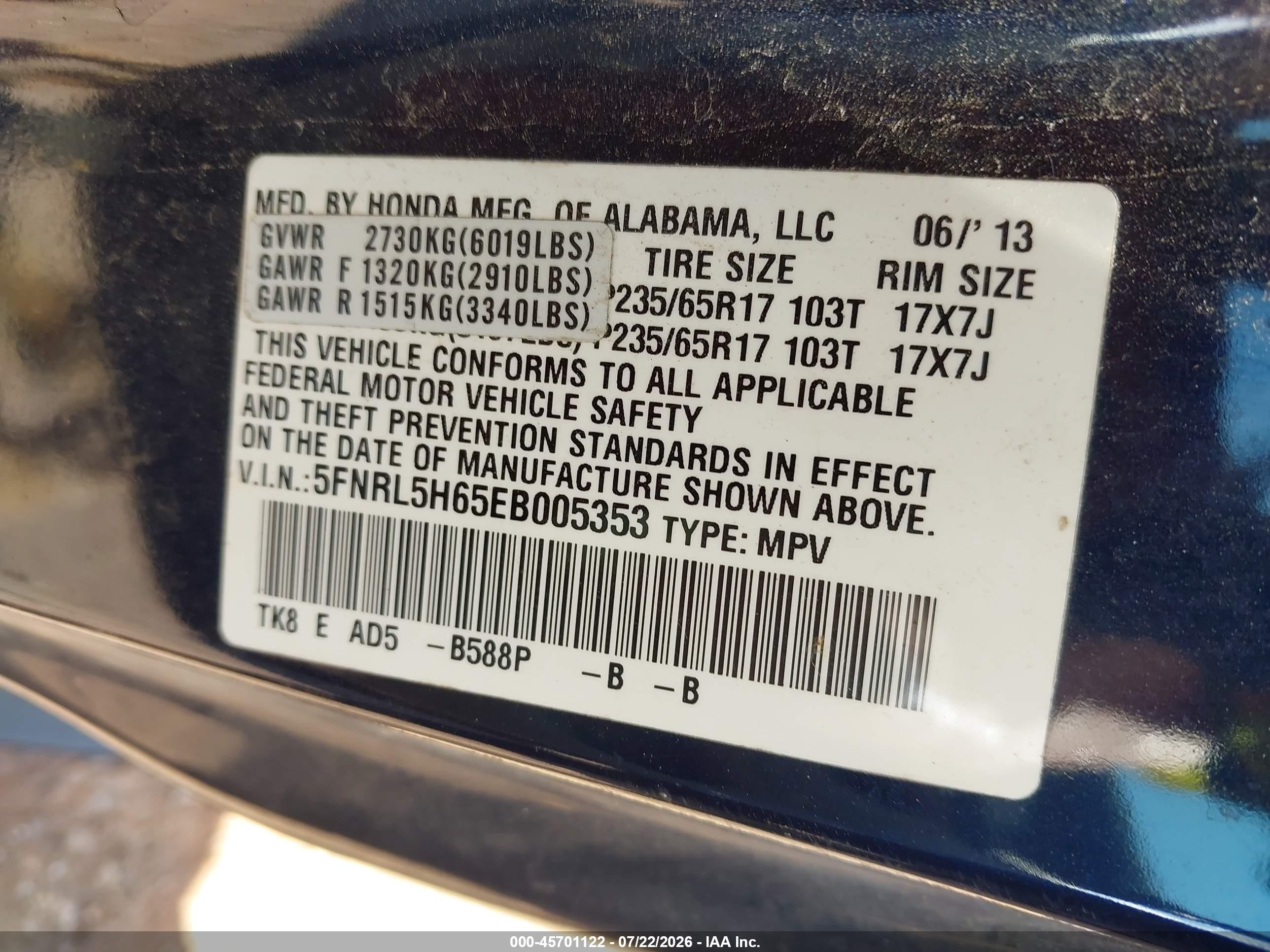 2014 Honda Odyssey Ex-l Dark Blue vin: 5FNRL5H65EB005353
