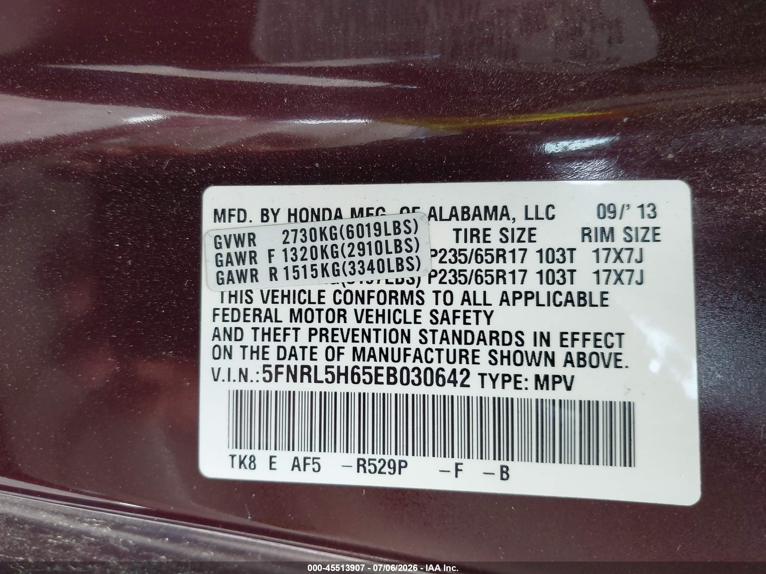 2014 Honda Odyssey Ex-l Purple vin: 5FNRL5H65EB030642