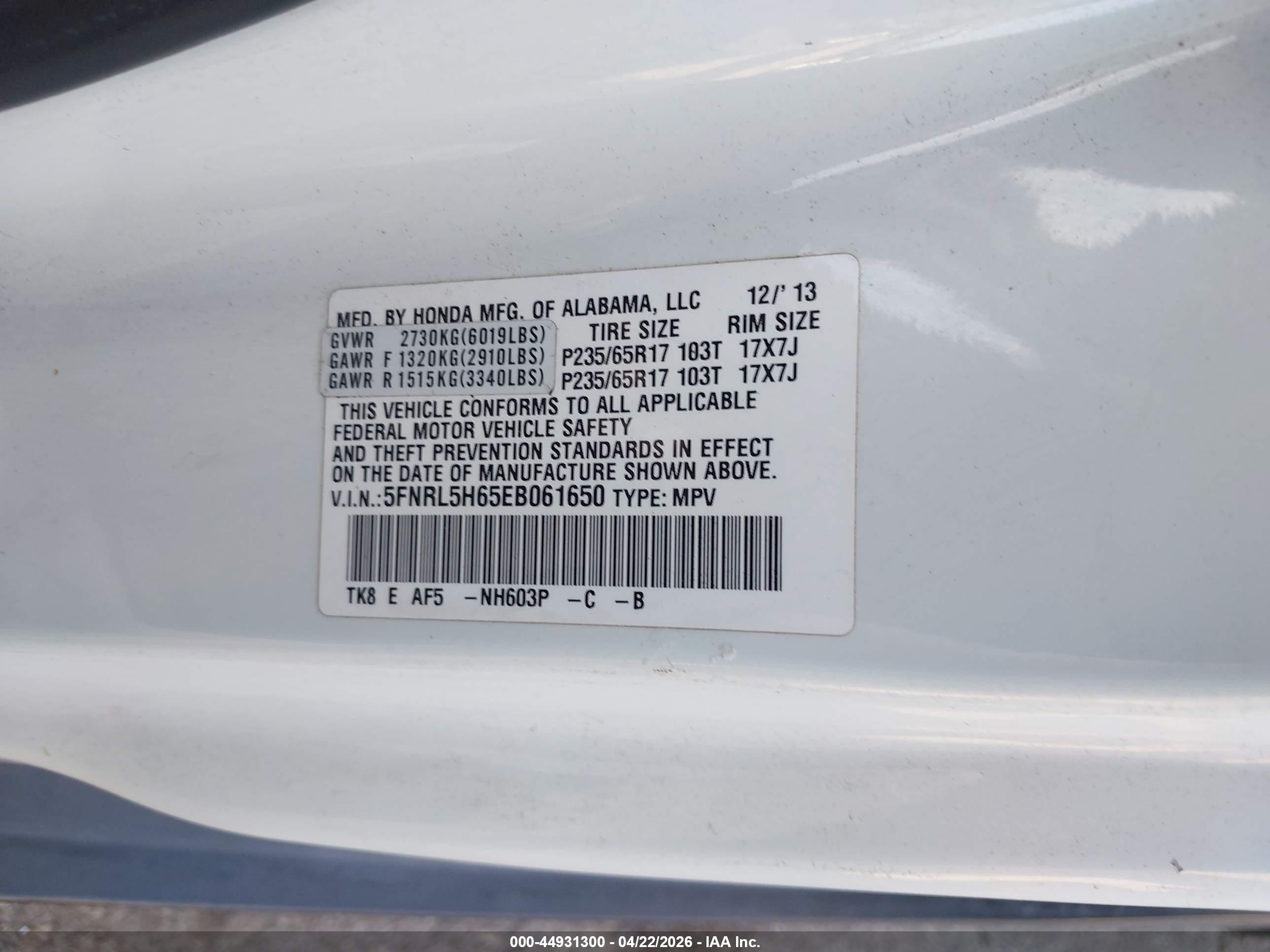 2014 Honda Odyssey Ex-l White vin: 5FNRL5H65EB061650