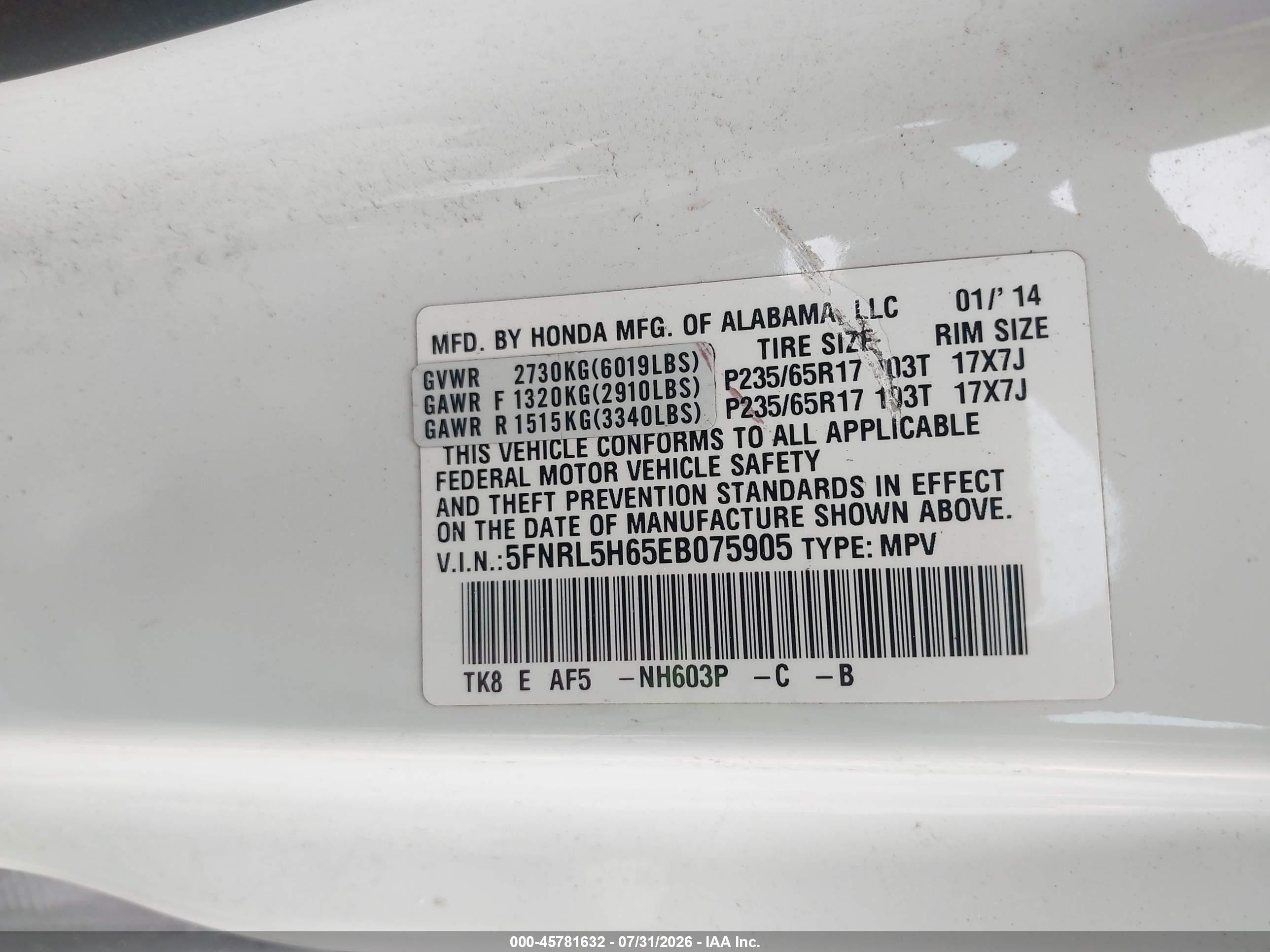 2014 Honda Odyssey Ex-l White vin: 5FNRL5H65EB075905
