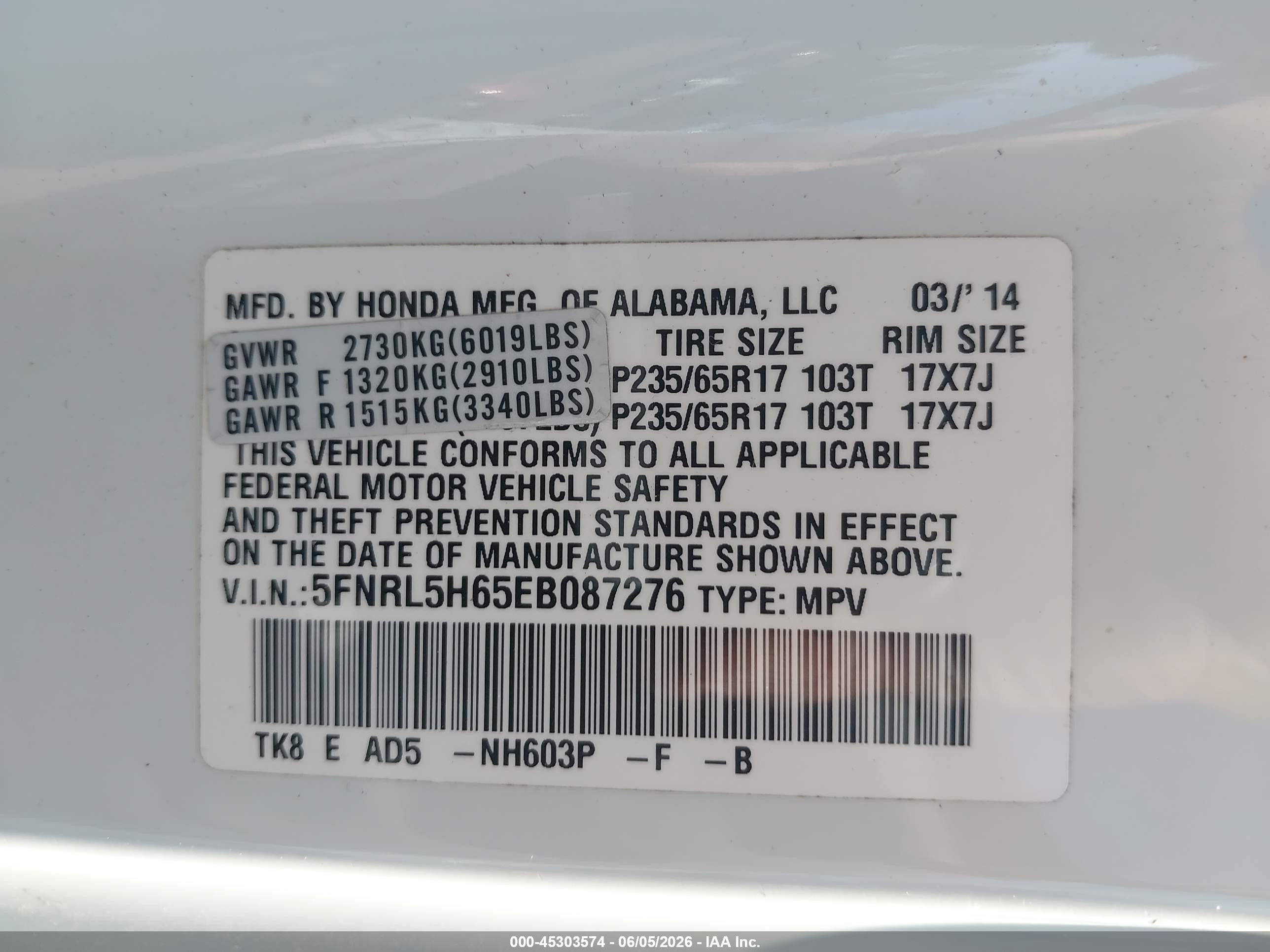 2014 Honda Odyssey Ex-l White vin: 5FNRL5H65EB087276