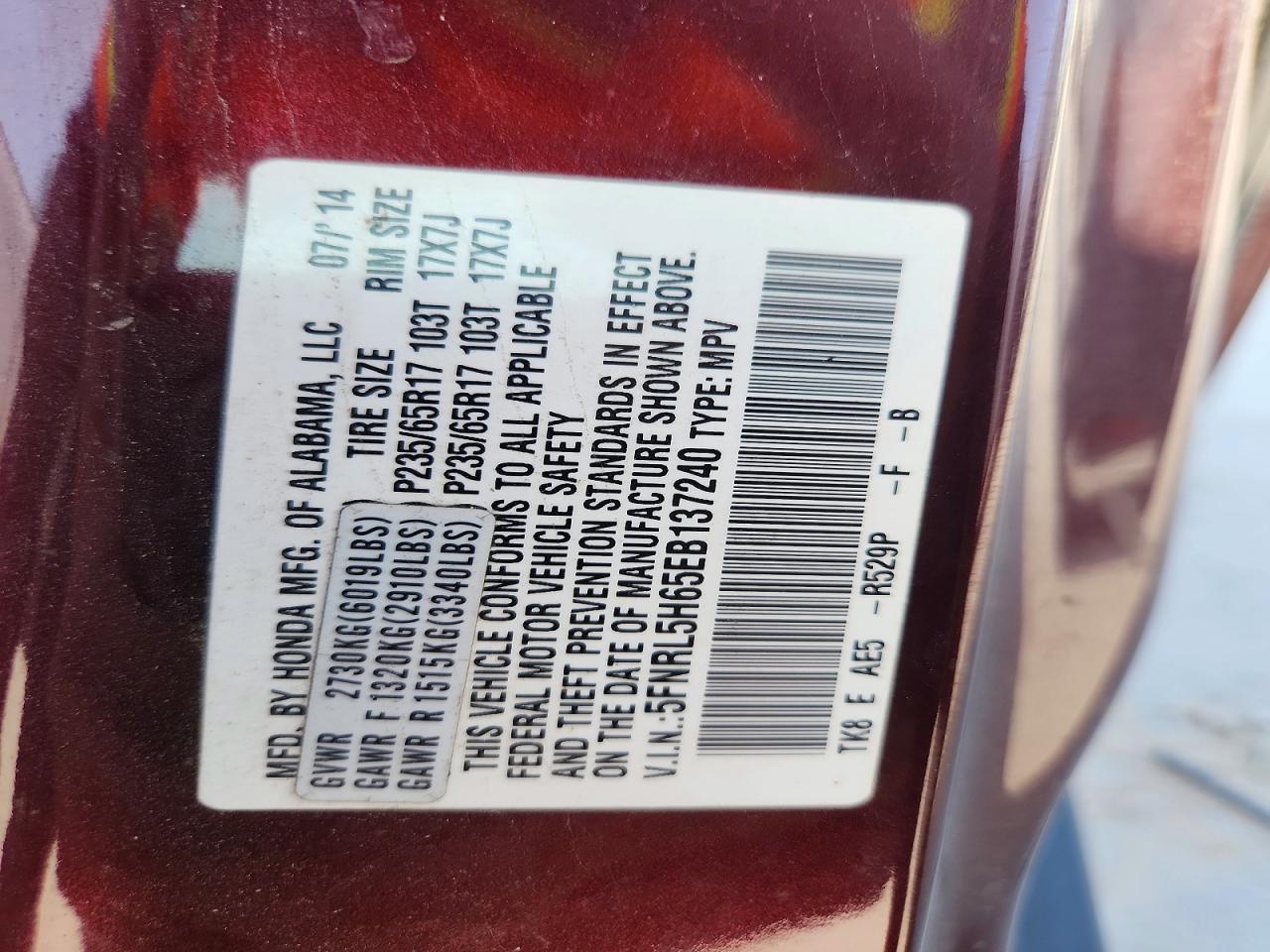 2014 Honda Odyssey Exl Burgundy vin: 5FNRL5H65EB137240