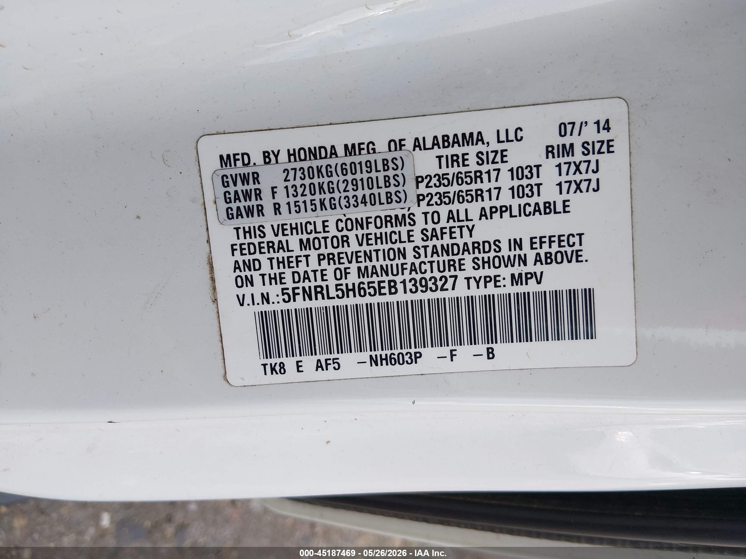 2014 Honda Odyssey Ex-l Белый vin: 5FNRL5H65EB139327