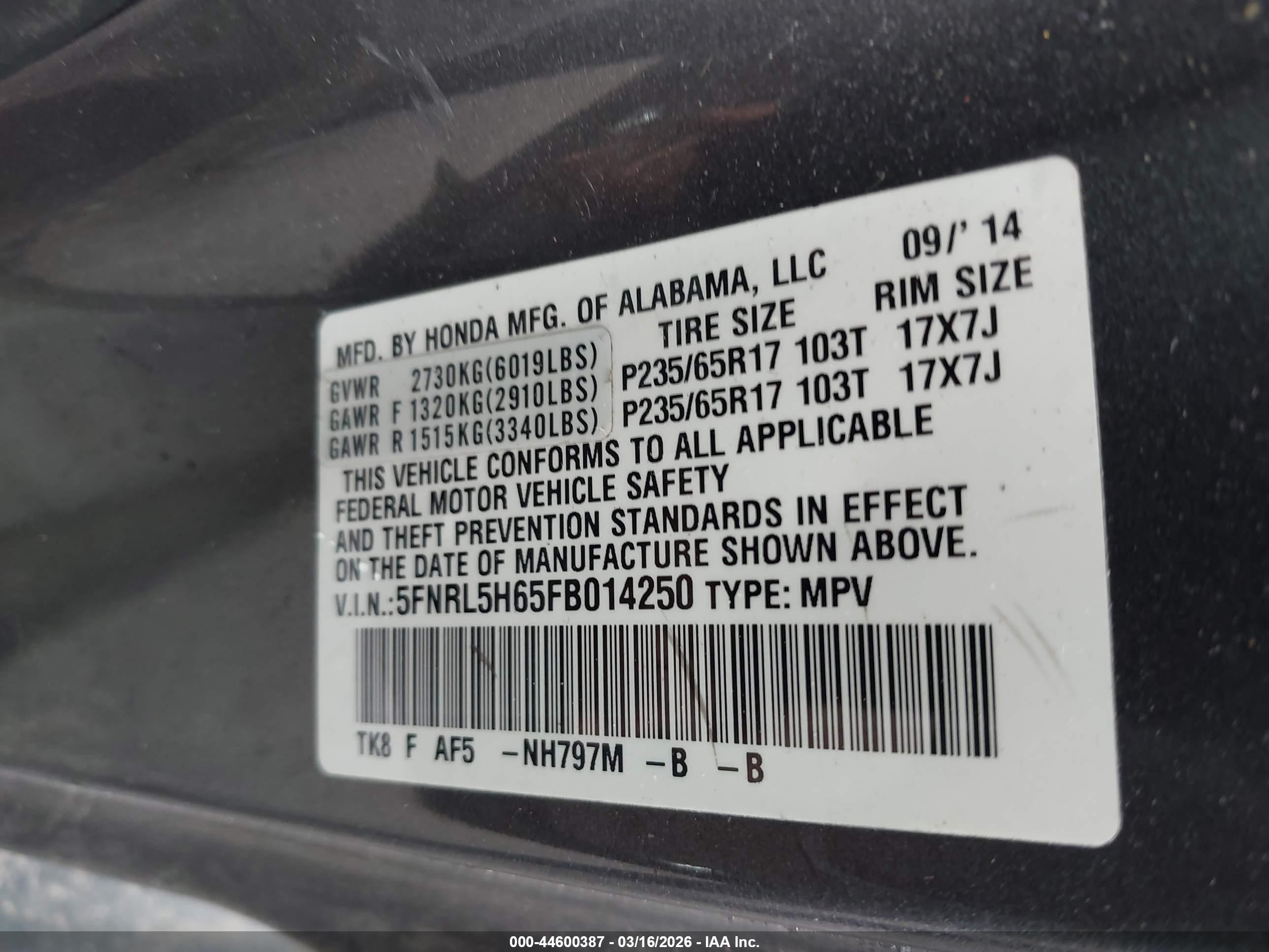 2015 Honda Odyssey Ex-l Gray vin: 5FNRL5H65FB014250