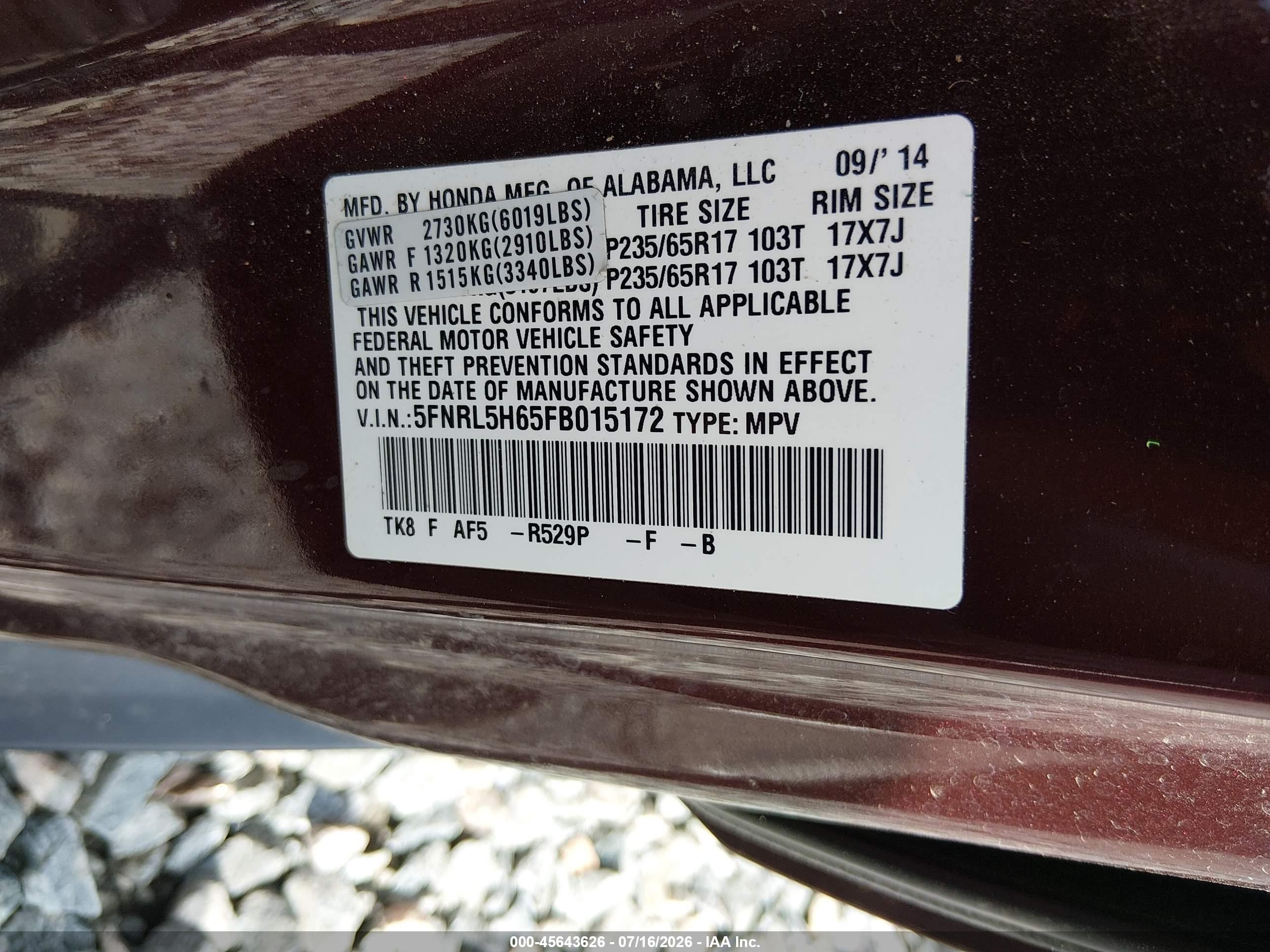 2015 Honda Odyssey Ex-l Burgundy vin: 5FNRL5H65FB015172