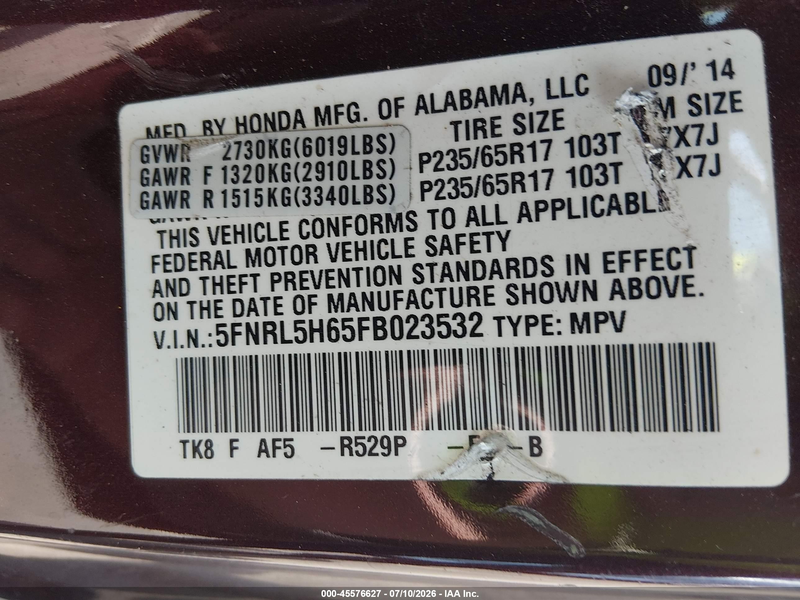 2015 Honda Odyssey Ex-l Burgundy vin: 5FNRL5H65FB023532