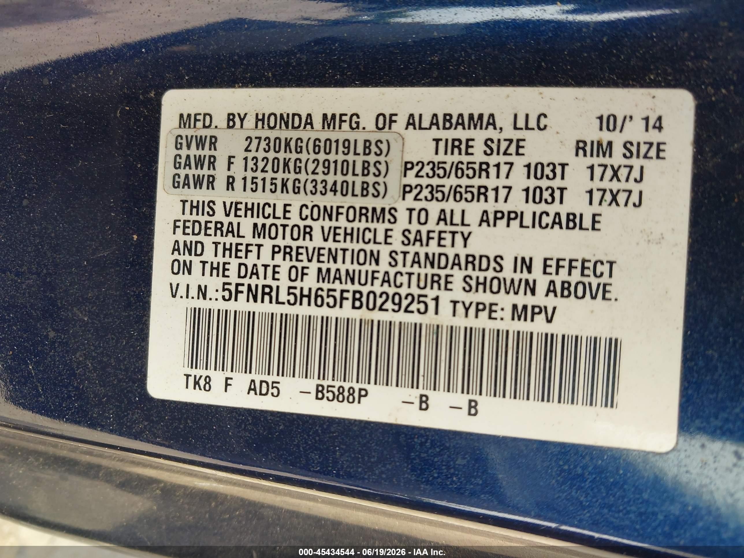 2015 Honda Odyssey Ex-l Blue vin: 5FNRL5H65FB029251