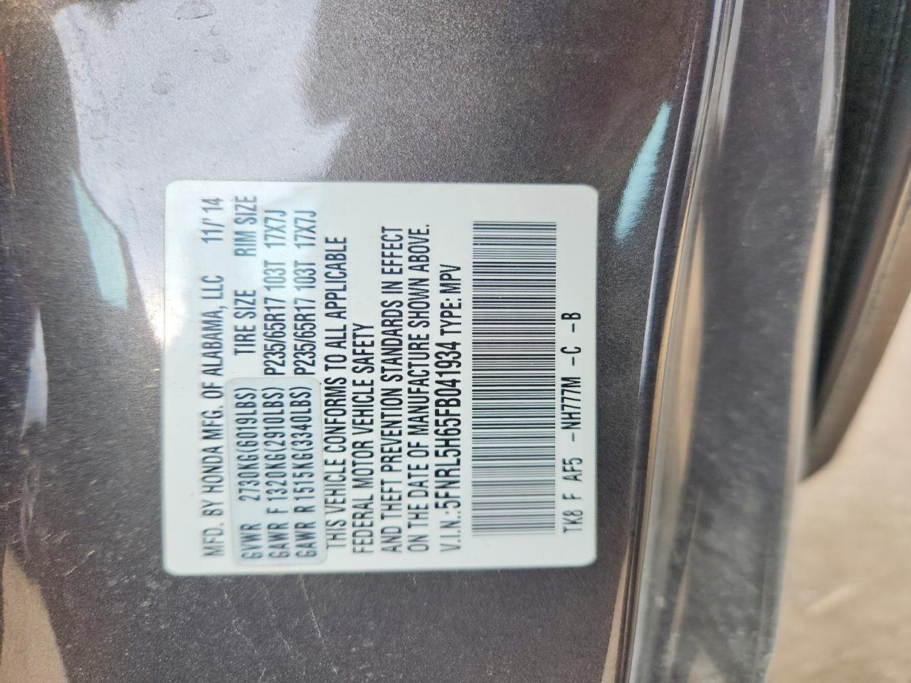 2015 Honda Odyssey Exl Gray vin: 5FNRL5H65FB041934
