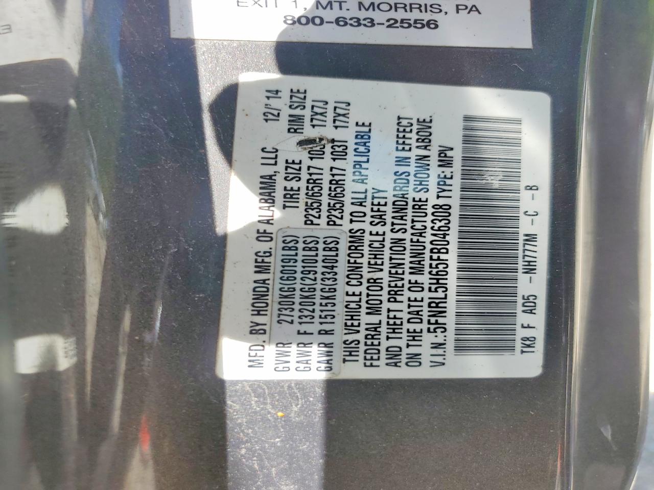 2015 Honda Odyssey Exl Gray vin: 5FNRL5H65FB046308