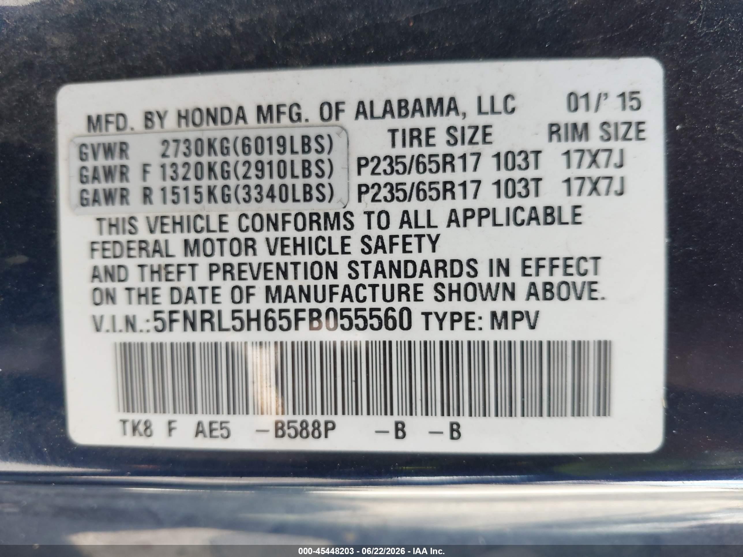 2015 Honda Odyssey Ex-l Dark Blue vin: 5FNRL5H65FB055560