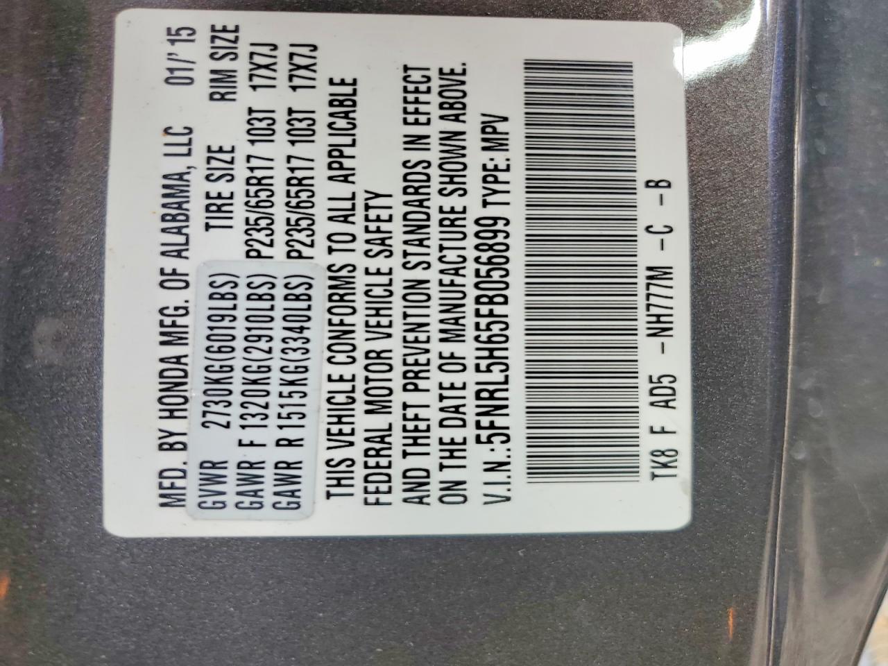 2015 Honda Odyssey Exl Gray vin: 5FNRL5H65FB056899