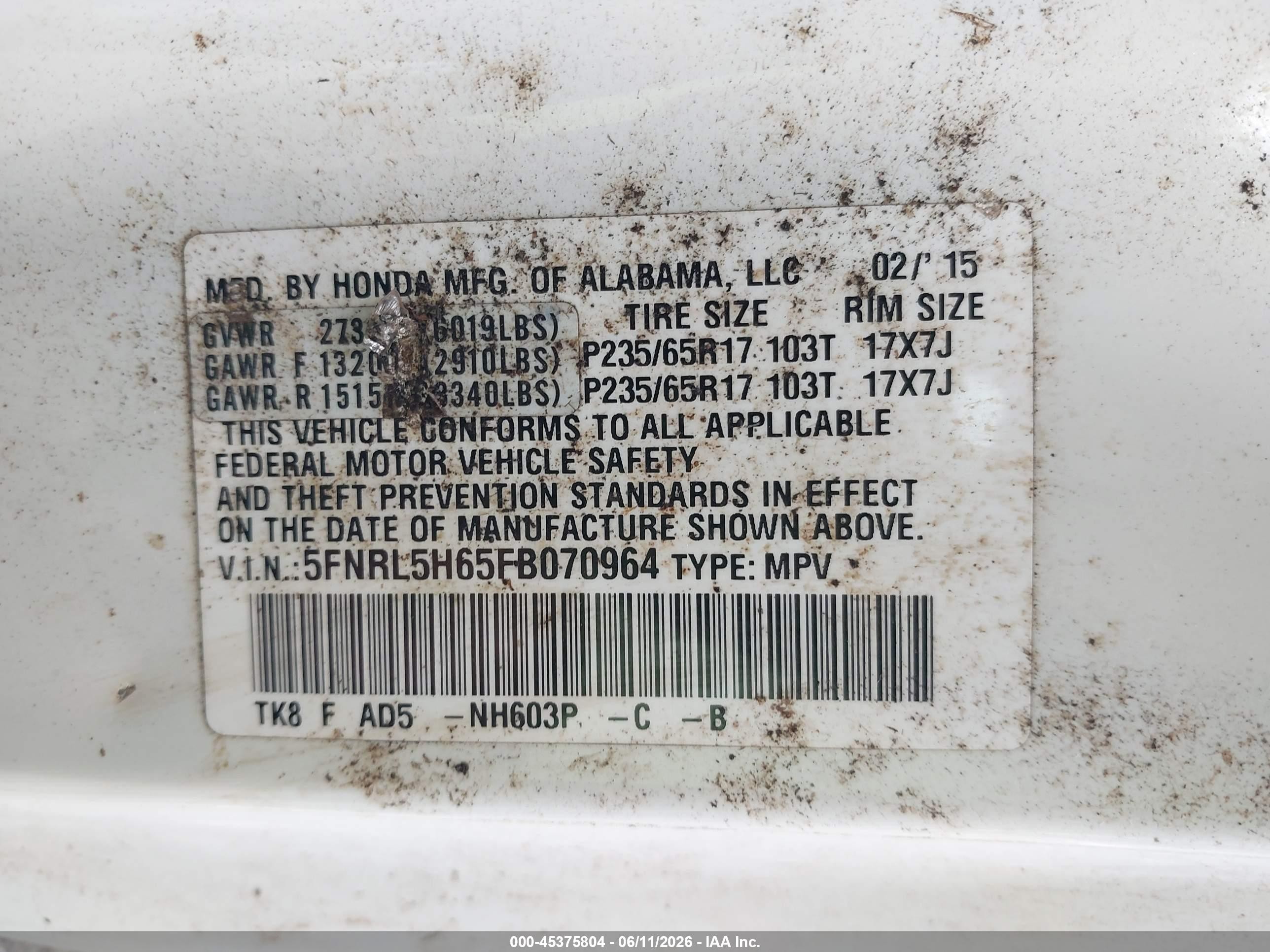 2015 Honda Odyssey Ex-l White vin: 5FNRL5H65FB070964