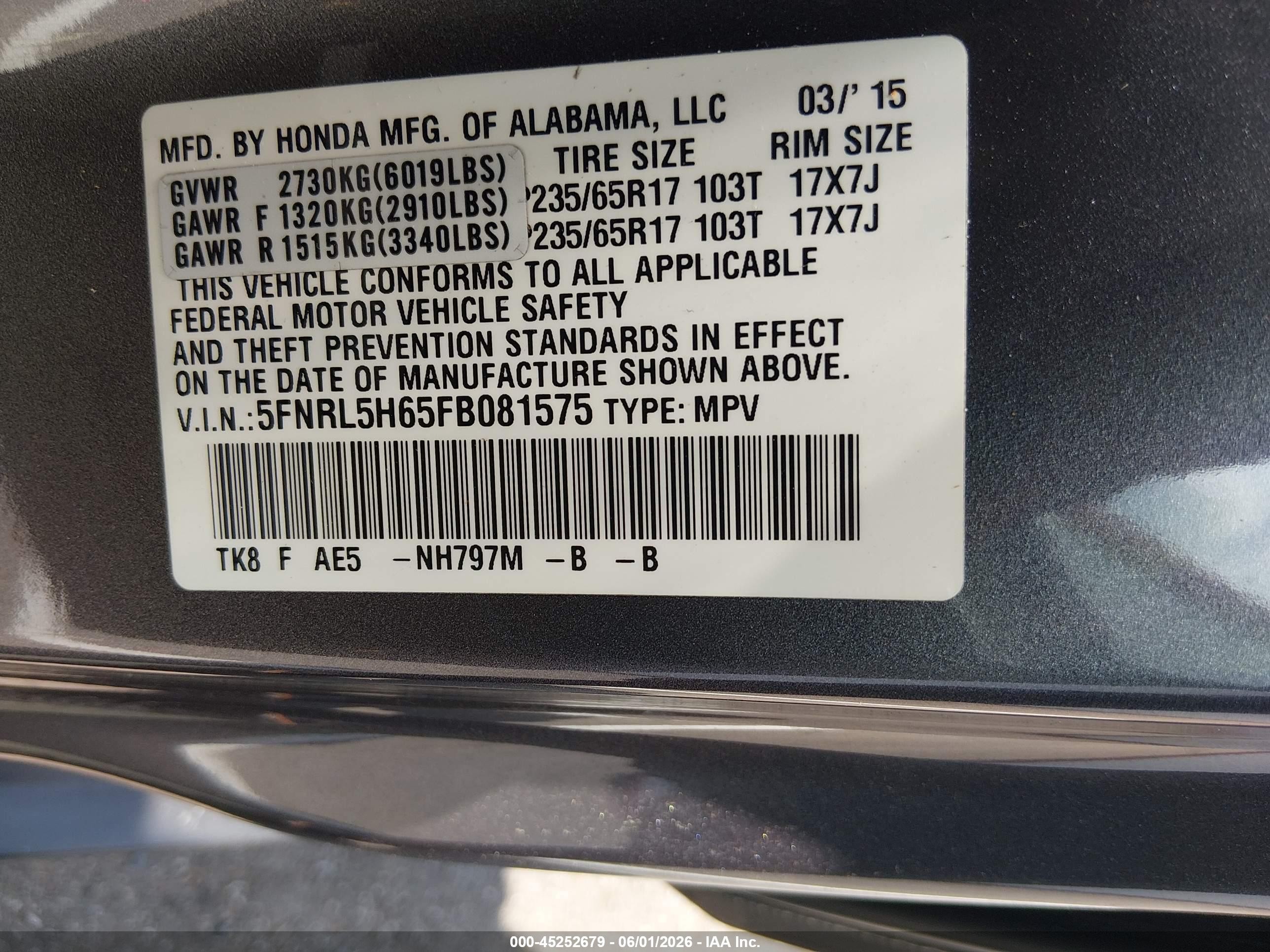 2015 Honda Odyssey Ex-l Silver vin: 5FNRL5H65FB081575