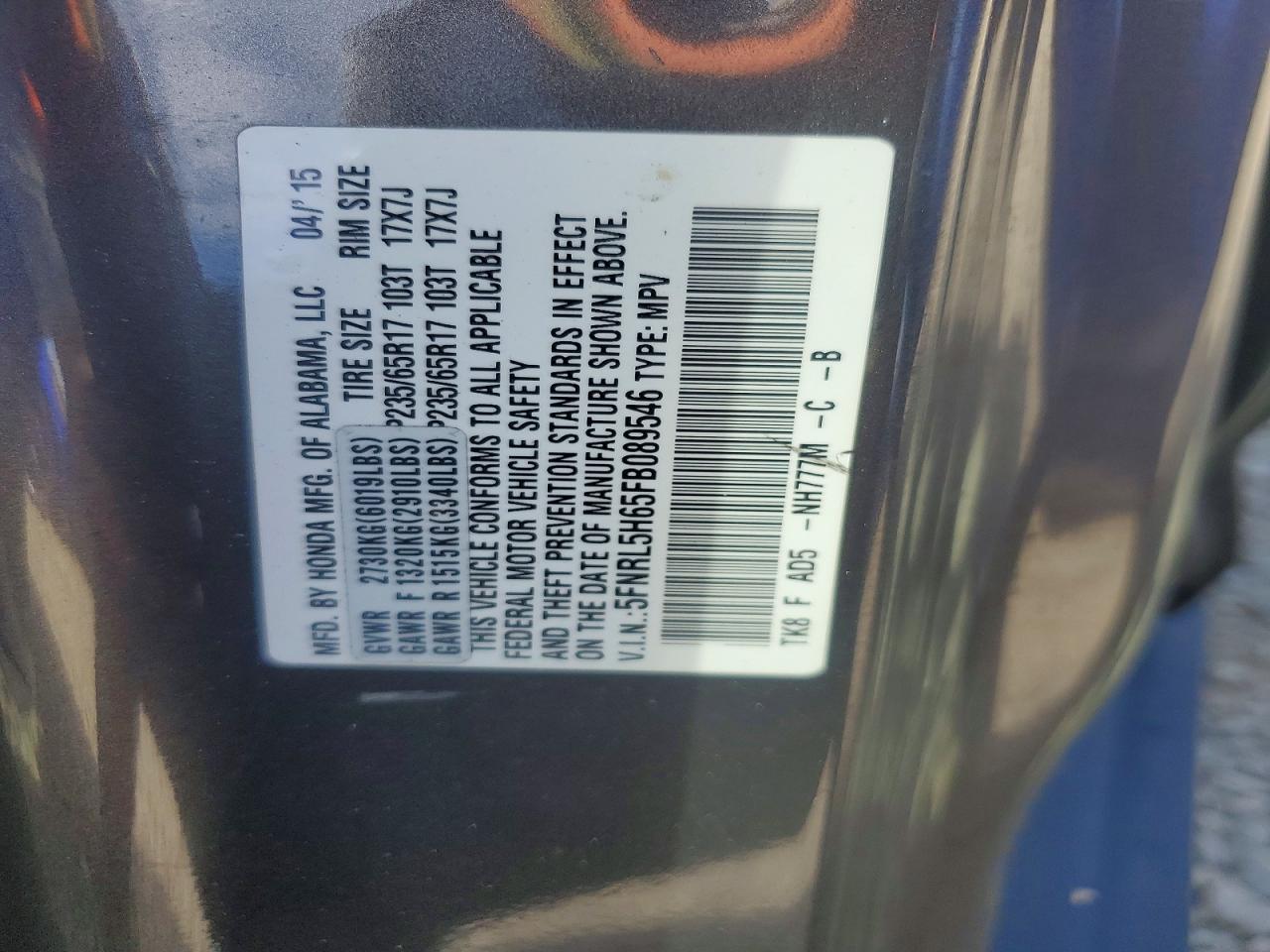 2015 Honda Odyssey Exl Gray vin: 5FNRL5H65FB089546