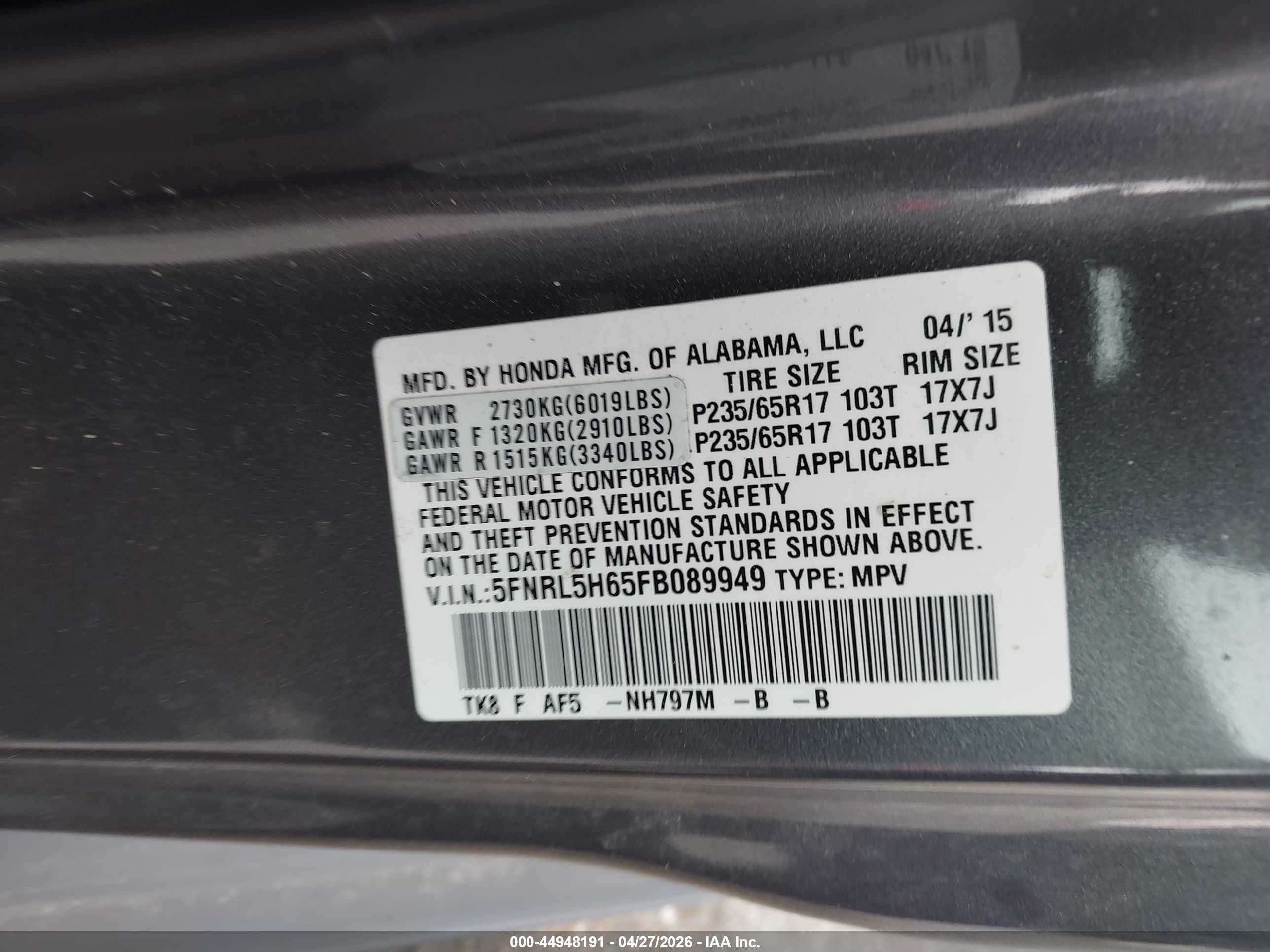 2015 Honda Odyssey Ex-l Gray vin: 5FNRL5H65FB089949