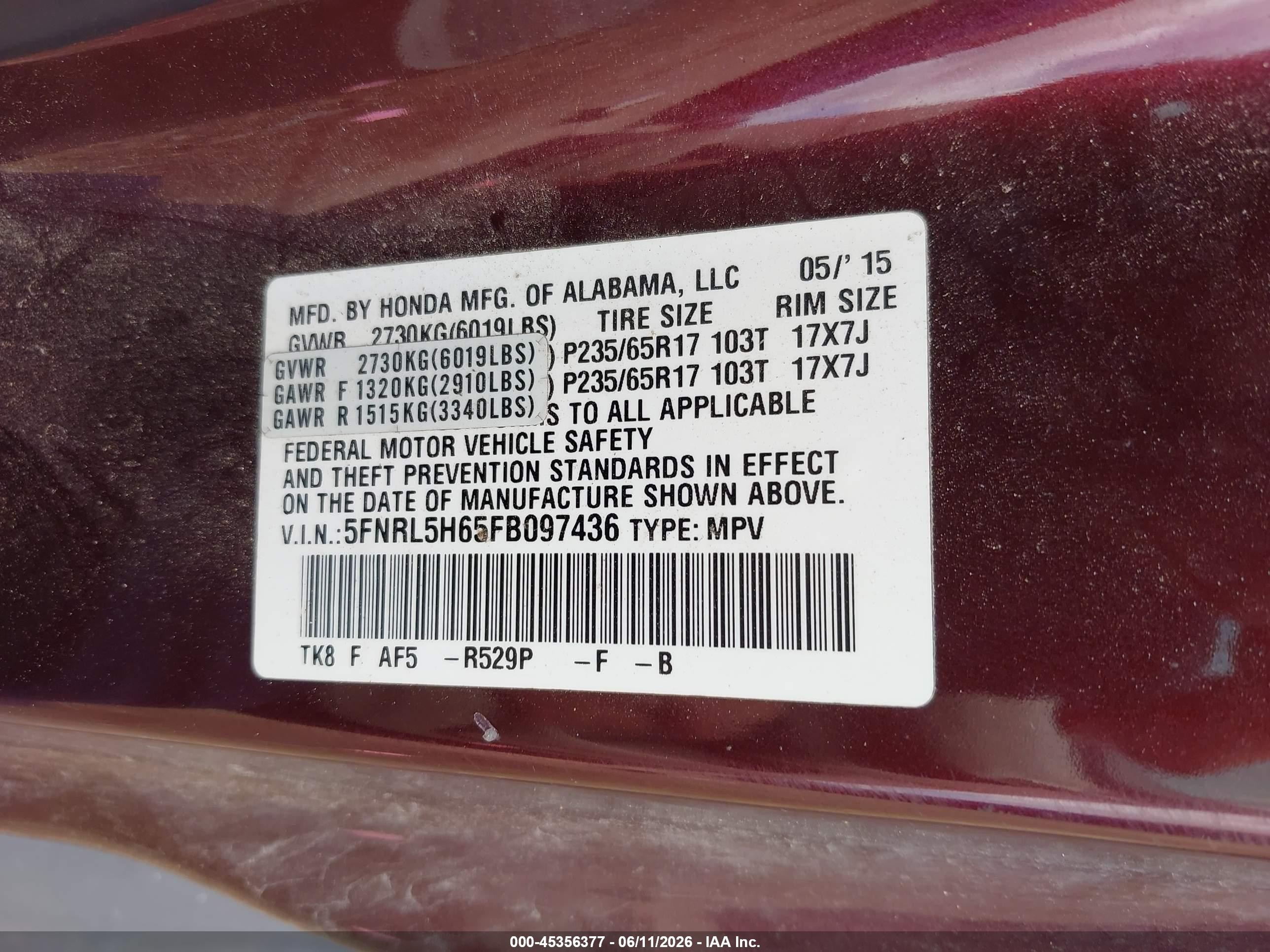 2015 Honda Odyssey Ex-l Champagne vin: 5FNRL5H65FB097436