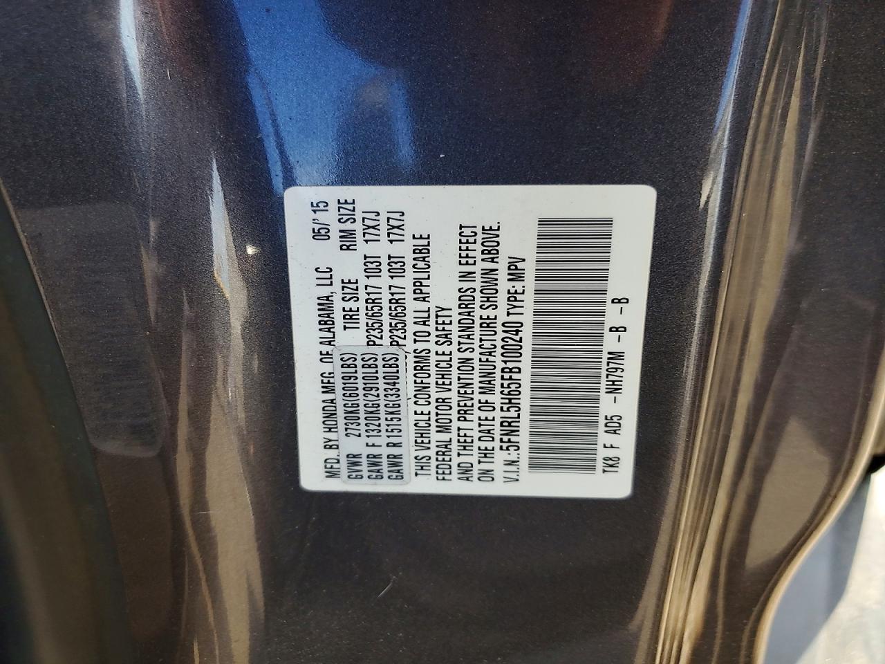 2015 Honda Odyssey Exl Silver vin: 5FNRL5H65FB100240