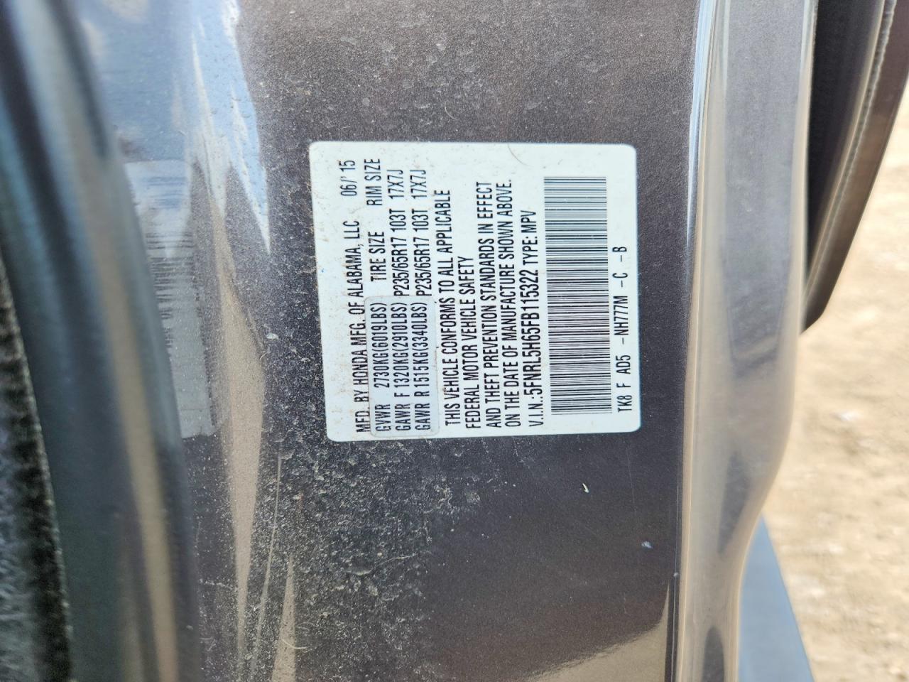 2015 Honda Odyssey Exl Gray vin: 5FNRL5H65FB115322