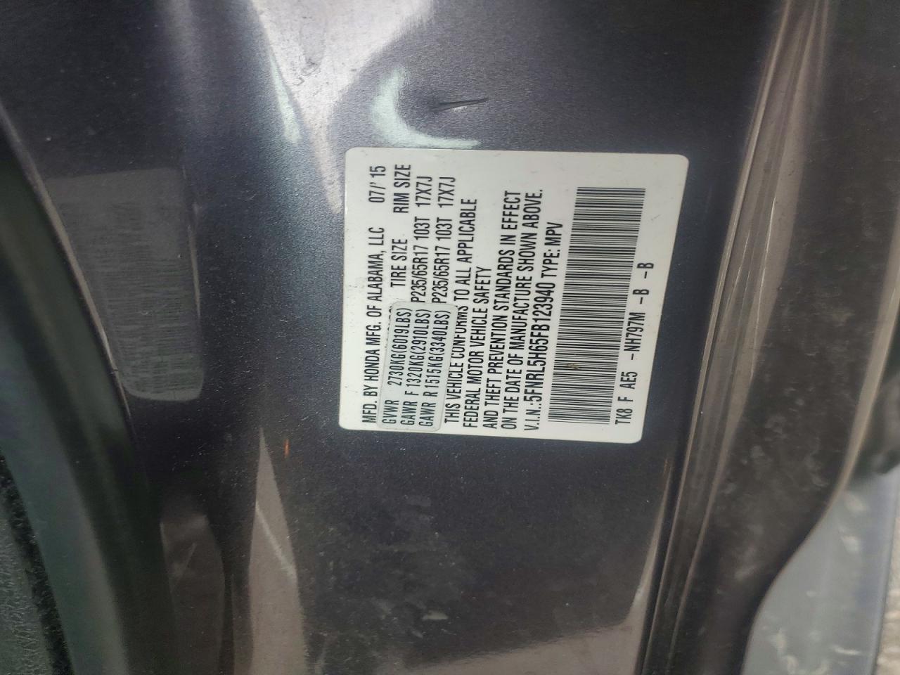 2015 Honda Odyssey Exl Gray vin: 5FNRL5H65FB123940