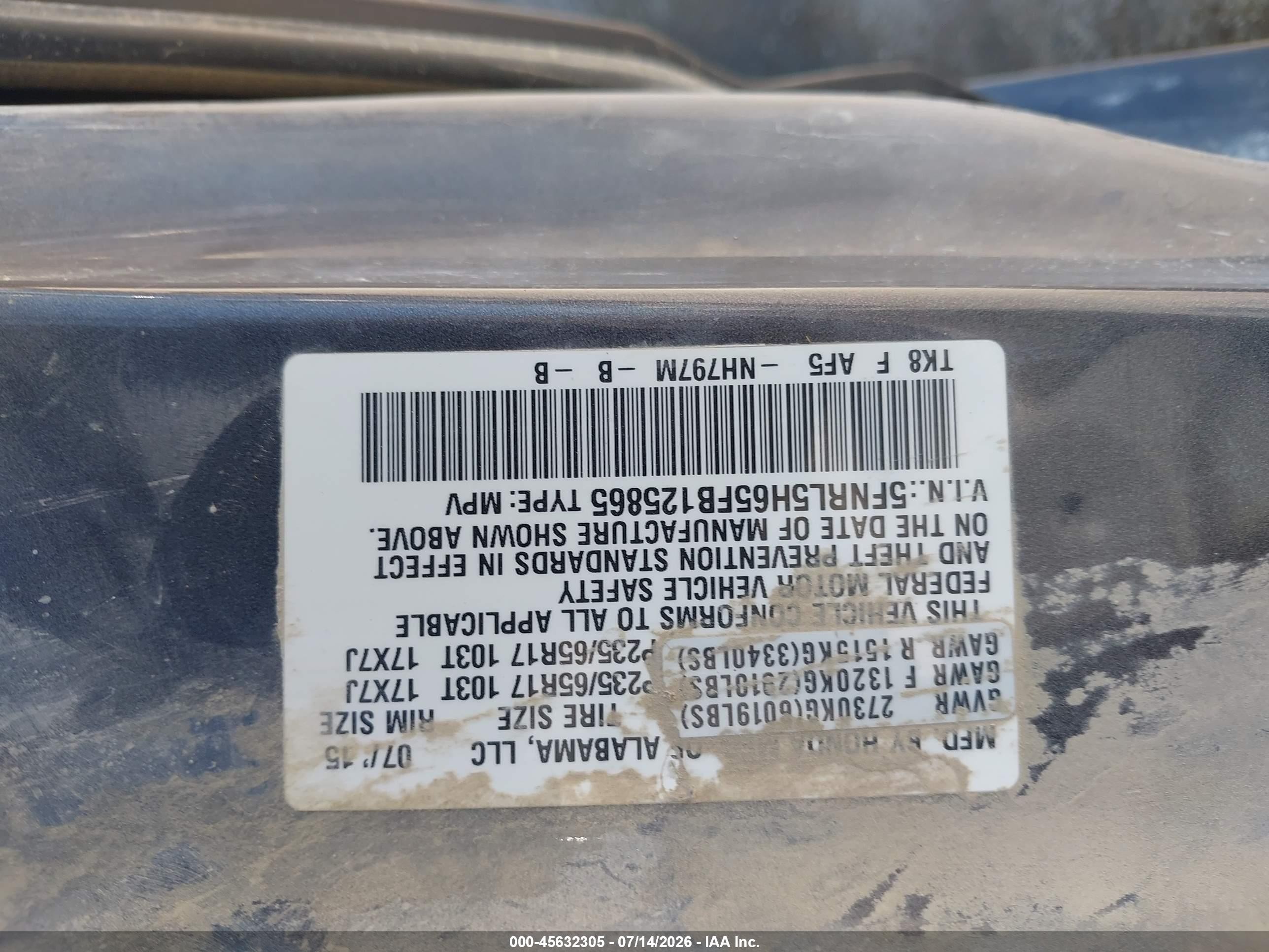 2015 Honda Odyssey Ex-l Gray vin: 5FNRL5H65FB125865