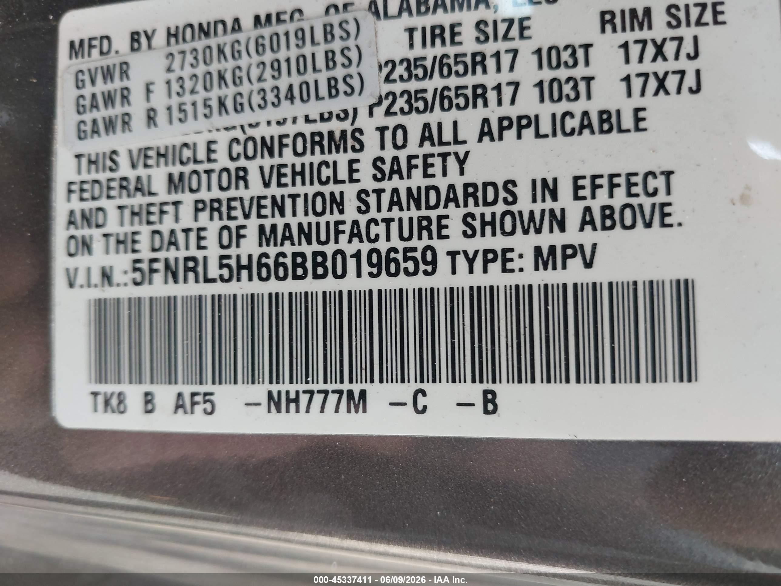 2011 Honda Odyssey Ex-l Gray vin: 5FNRL5H66BB019659