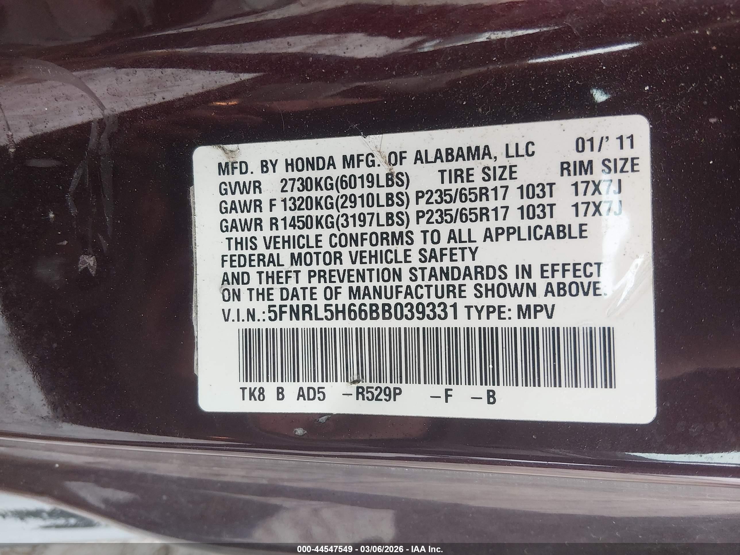 2011 Honda Odyssey Ex-l Maroon vin: 5FNRL5H66BB039331