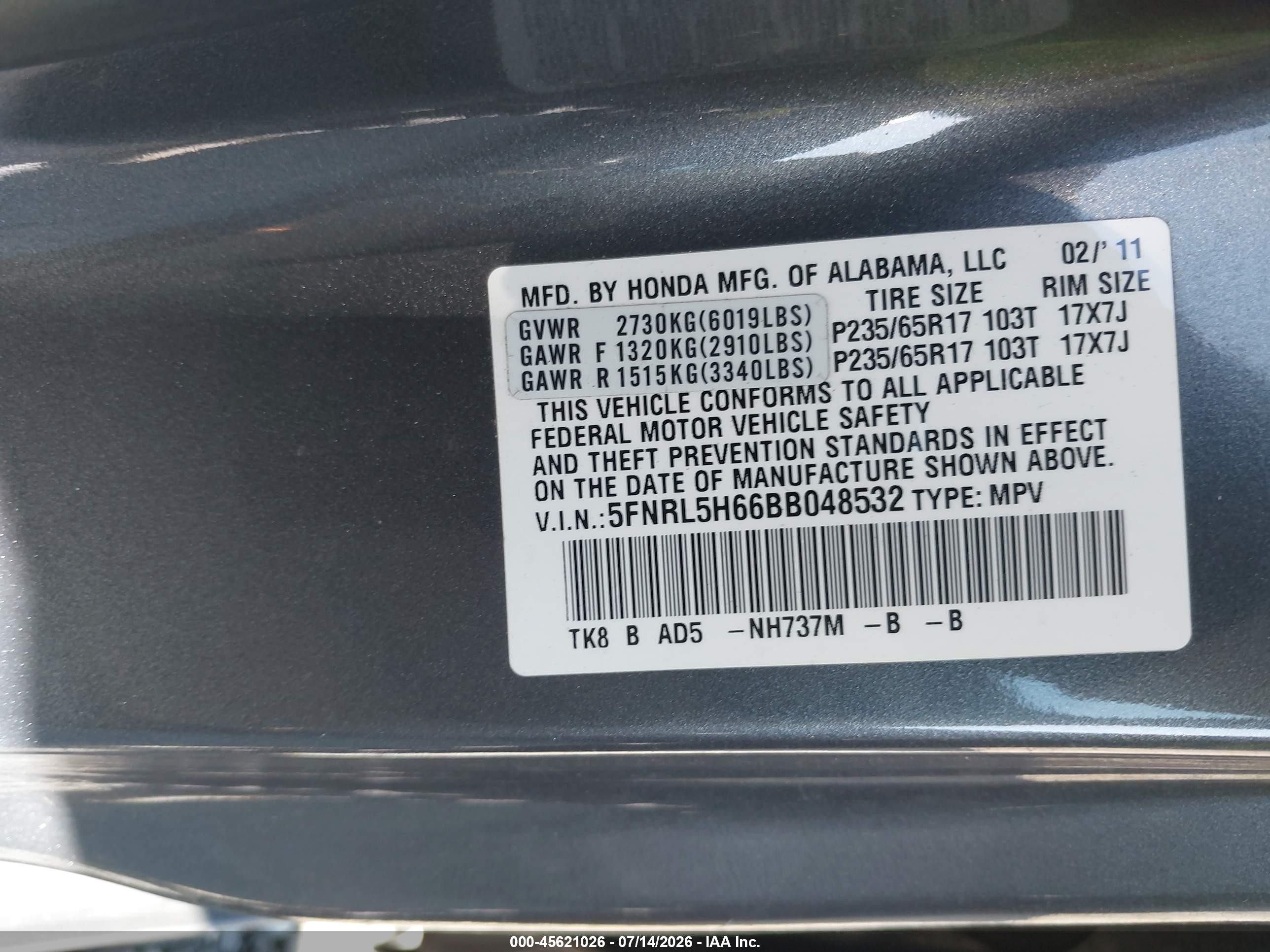 2011 Honda Odyssey Ex-l Gray vin: 5FNRL5H66BB048532