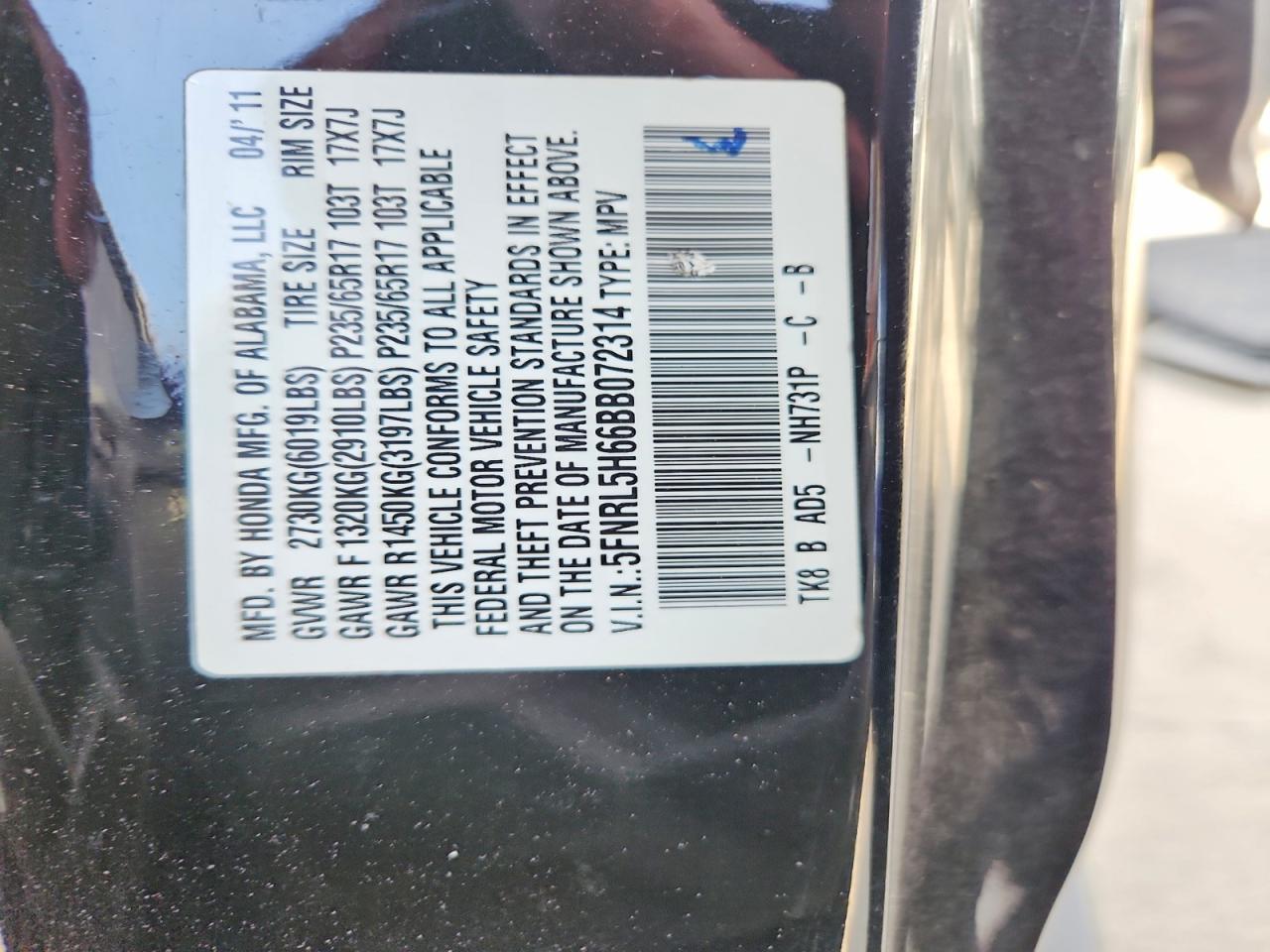 2011 Honda Odyssey Exl Black vin: 5FNRL5H66BB072314