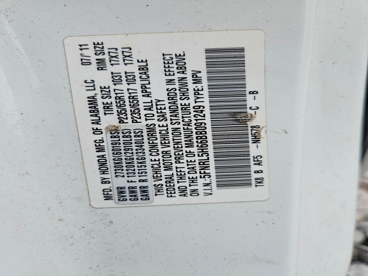 2011 Honda Odyssey Exl White vin: 5FNRL5H66BB091249