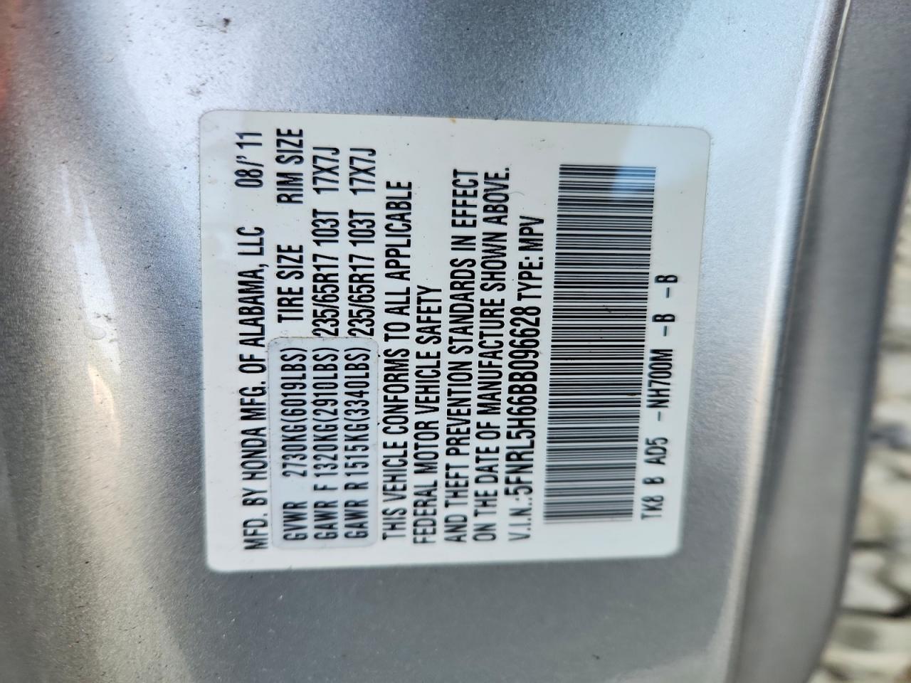 2011 Honda Odyssey Exl Silver vin: 5FNRL5H66BB096628