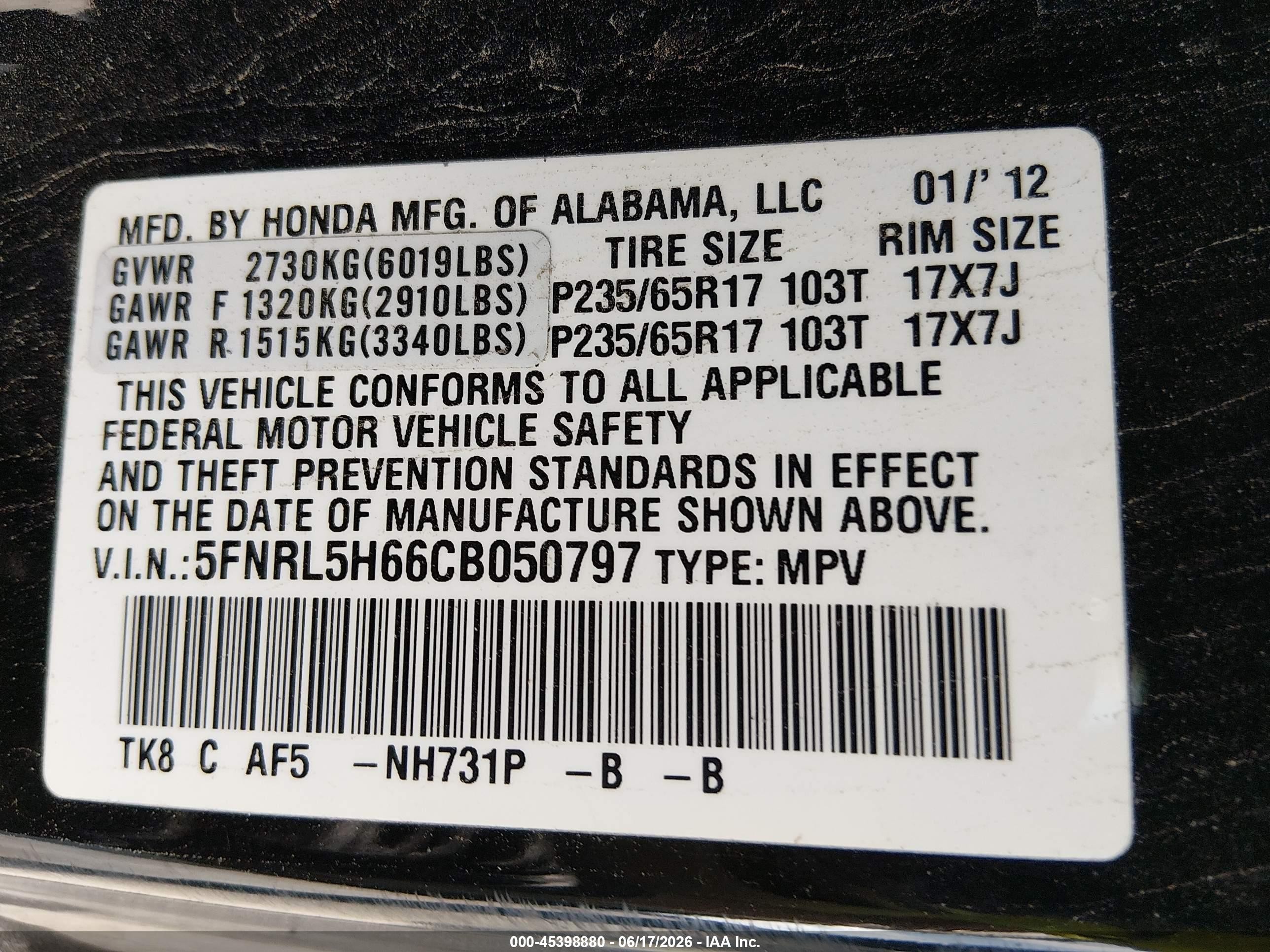 2012 Honda Odyssey Ex-l Black vin: 5FNRL5H66CB050797