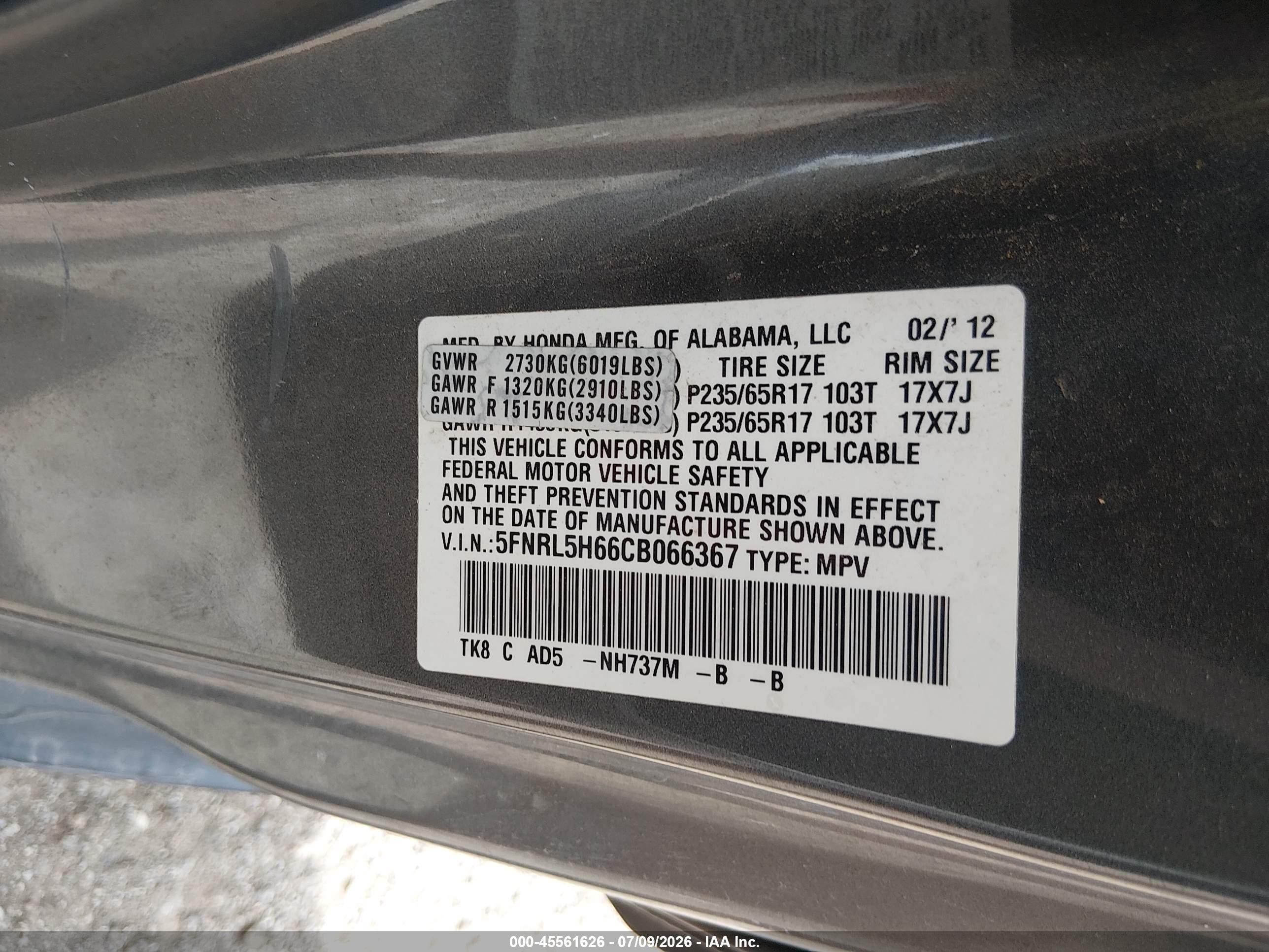 2012 Honda Odyssey Ex-l Gray vin: 5FNRL5H66CB066367