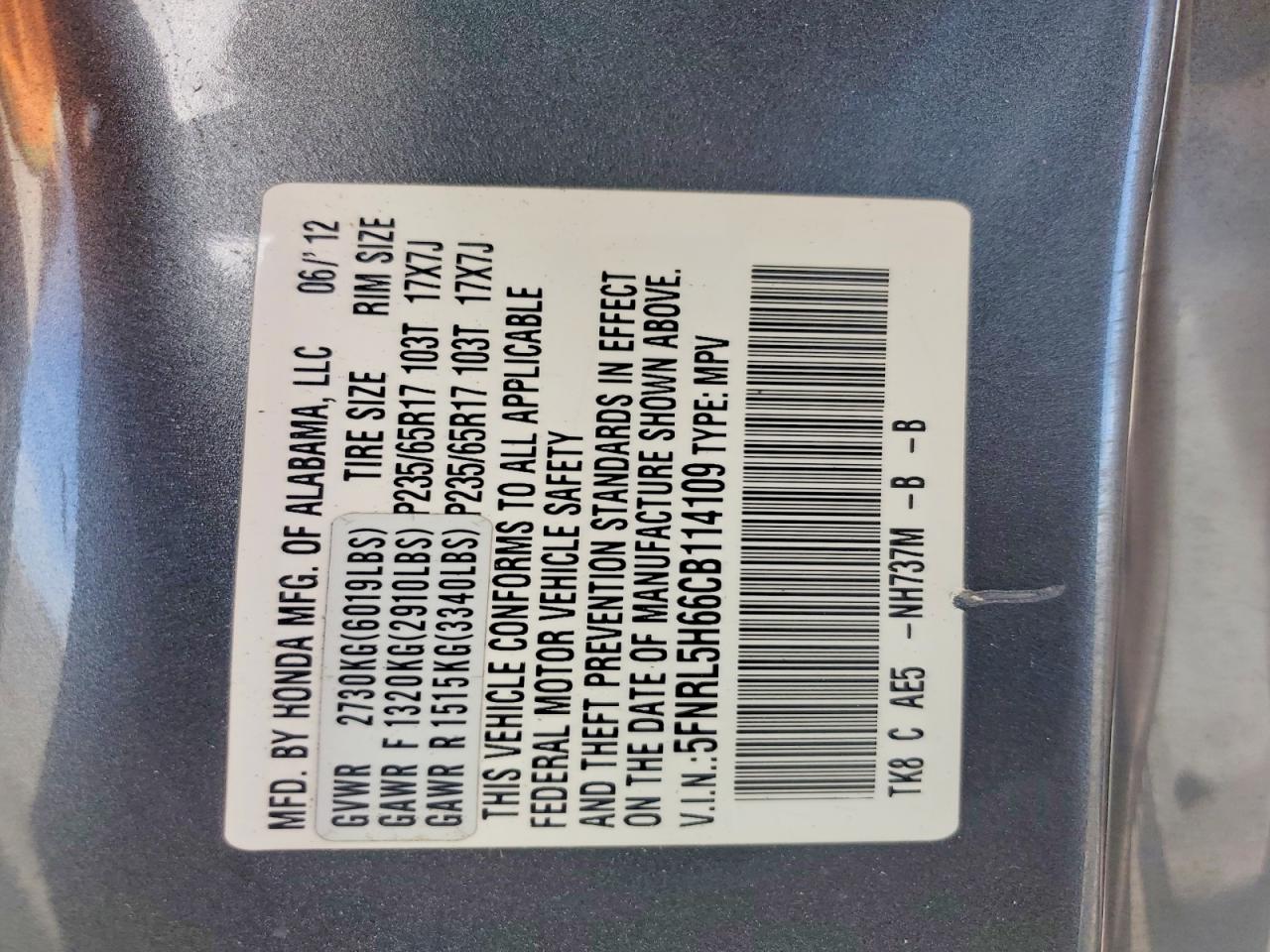 2012 Honda Odyssey Exl Gray vin: 5FNRL5H66CB114109