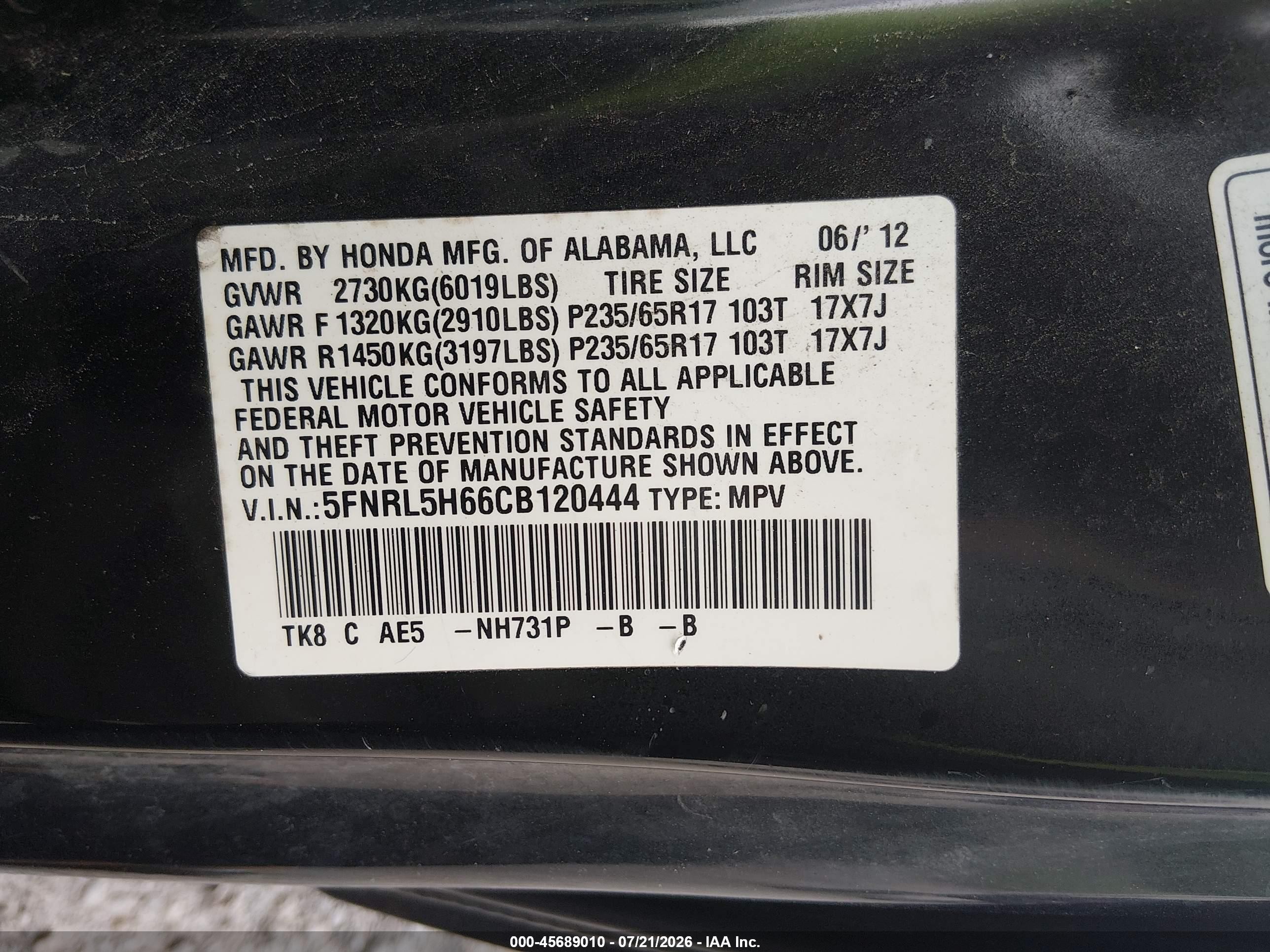 2012 Honda Odyssey Ex-l Black vin: 5FNRL5H66CB120444