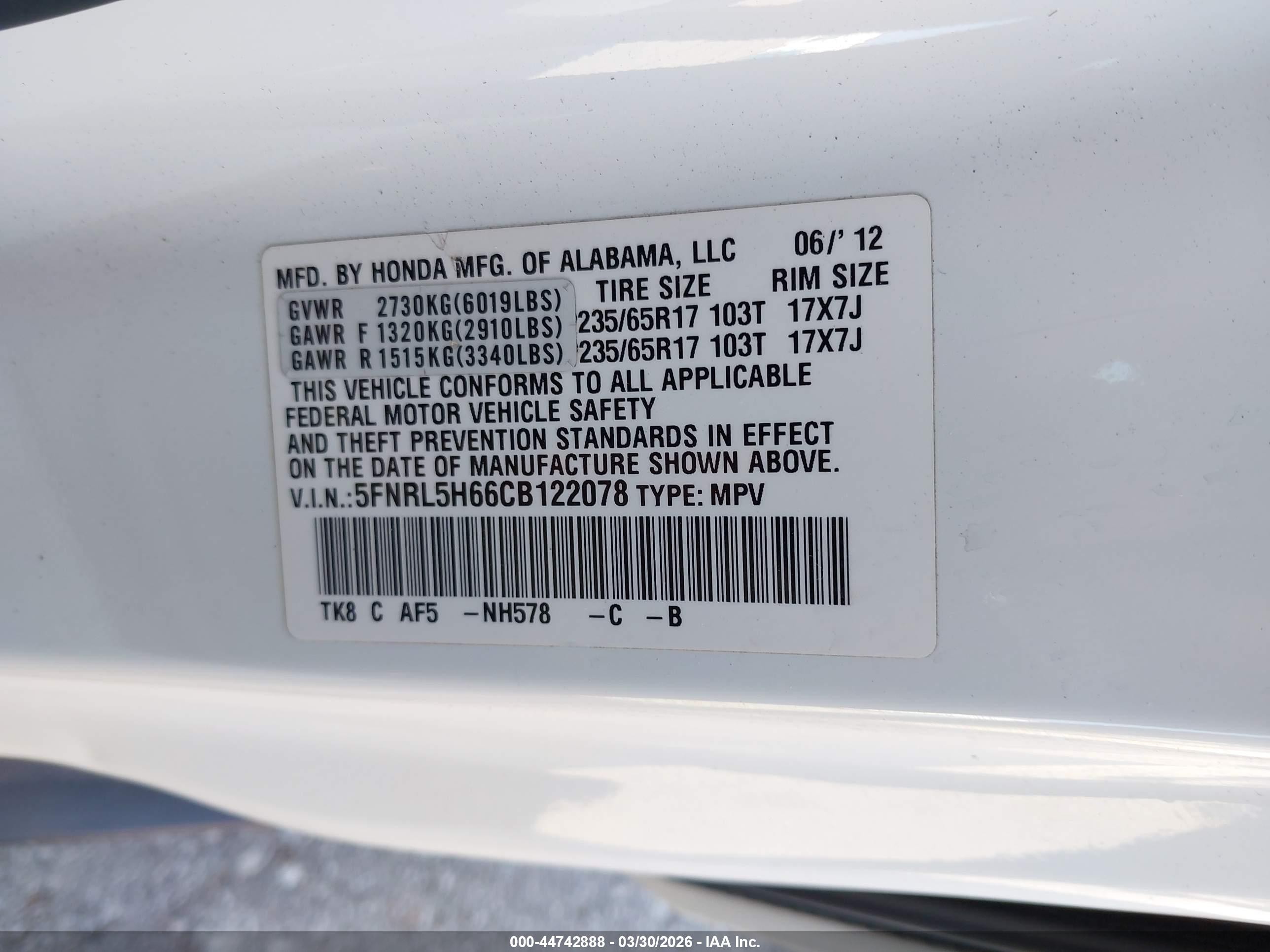 2012 Honda Odyssey Ex-l White vin: 5FNRL5H66CB122078