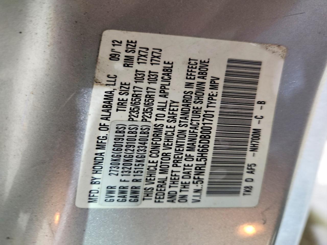 2013 Honda Odyssey Exl Серебряный vin: 5FNRL5H66DB001701